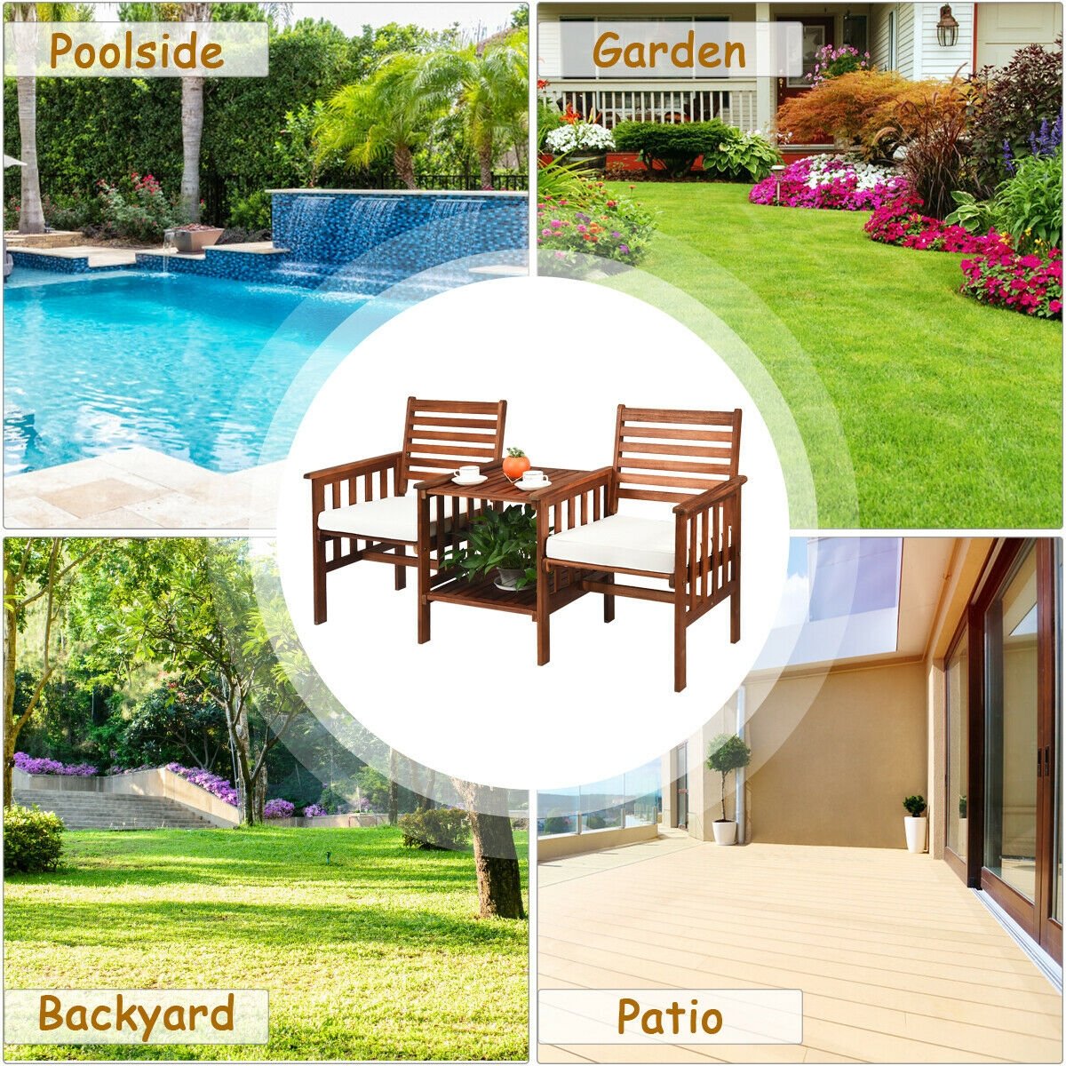 3 pcs Outdoor Patio Table Chairs Set Acacia Wood Loveseat-Red