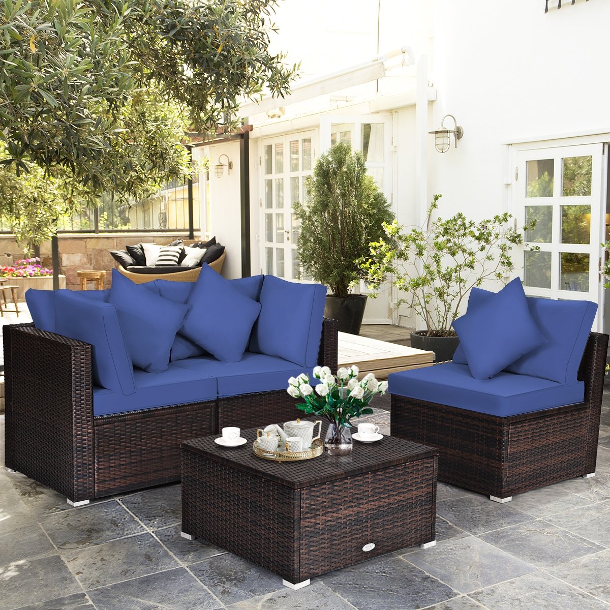 4 Pieces Ottoman Garden Patio Rattan Wicker Furniture Set with Cushion-Black