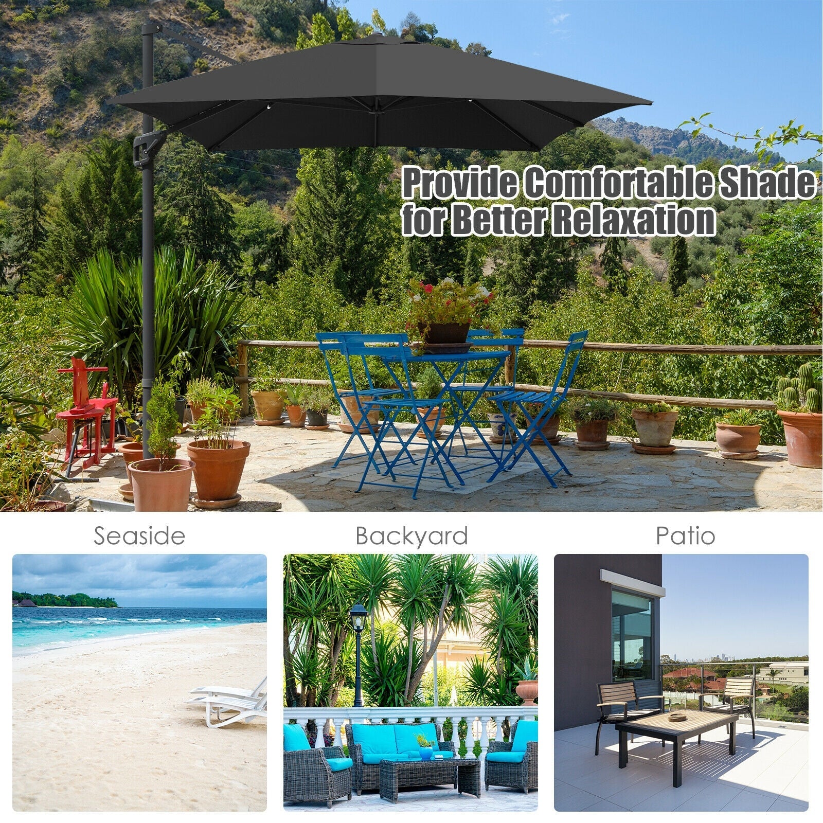 10 x13 Feet Rectangular Cantilever Umbrella with 360° Rotation Function-Beige