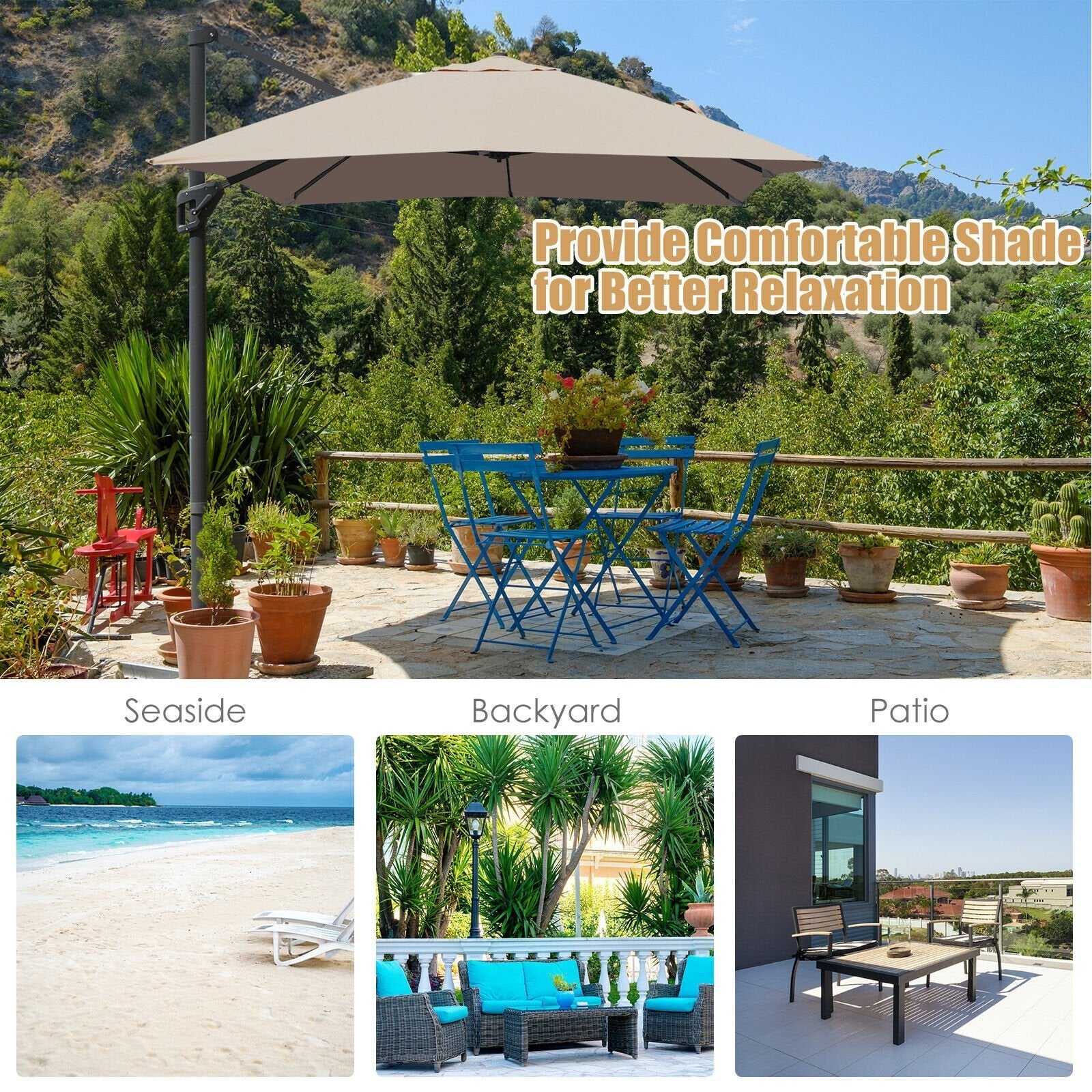 10 x13 Feet Rectangular Cantilever Umbrella with 360° Rotation Function-Beige