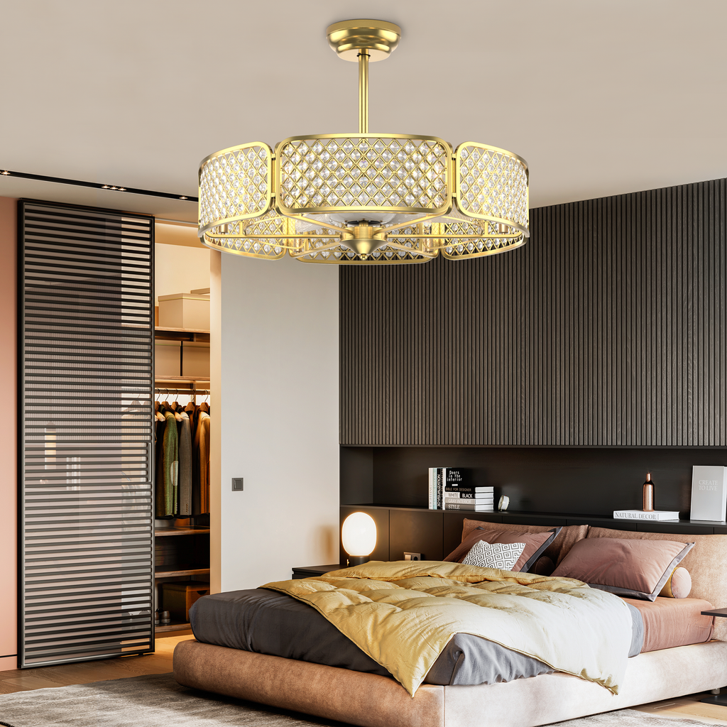 30 Inch Caged Ceiling Fan With Light Crystal Lampshade 6 Light Bases-Coffee