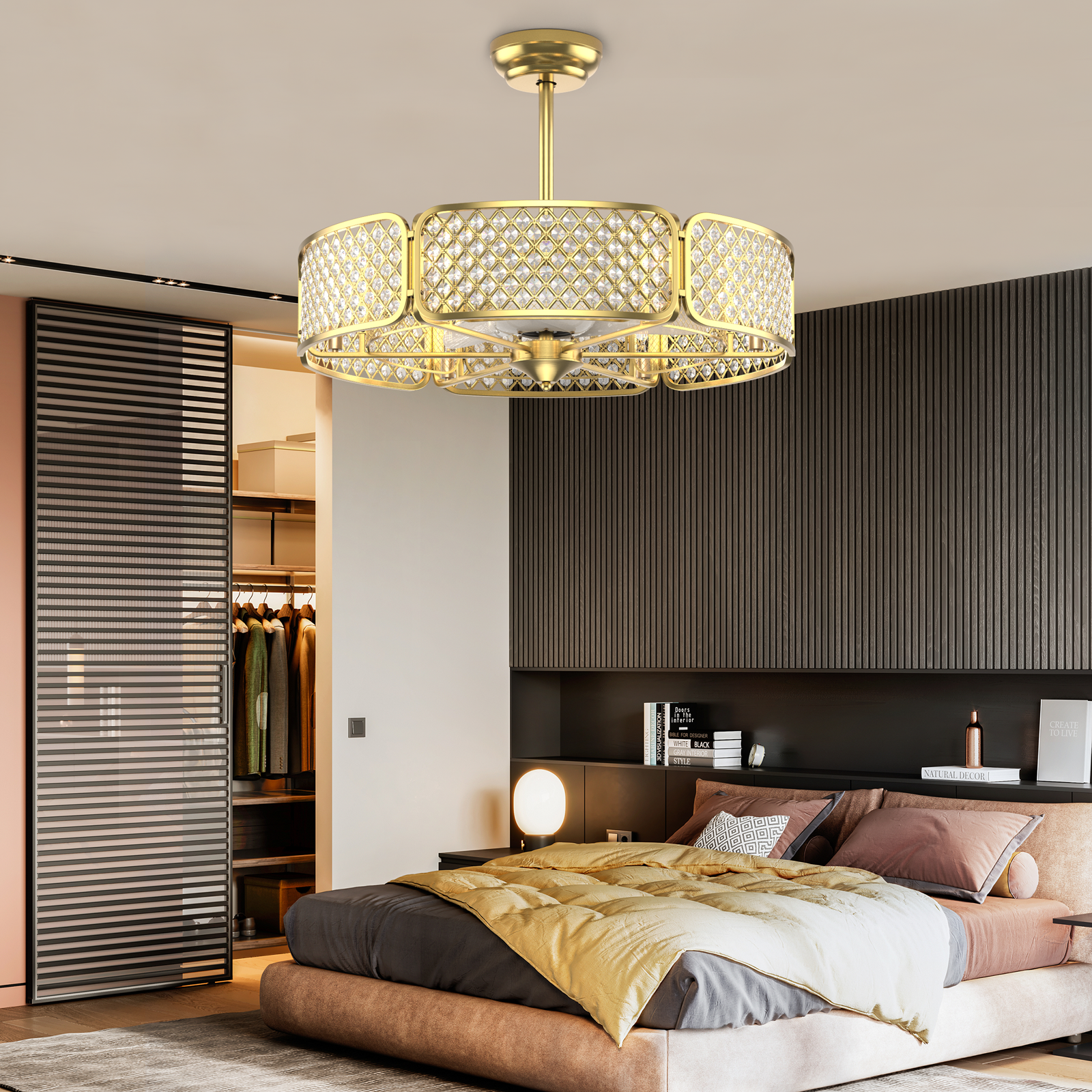 30 Inch Caged Ceiling Fan With Light Crystal Lampshade 6 Light Bases-Coffee