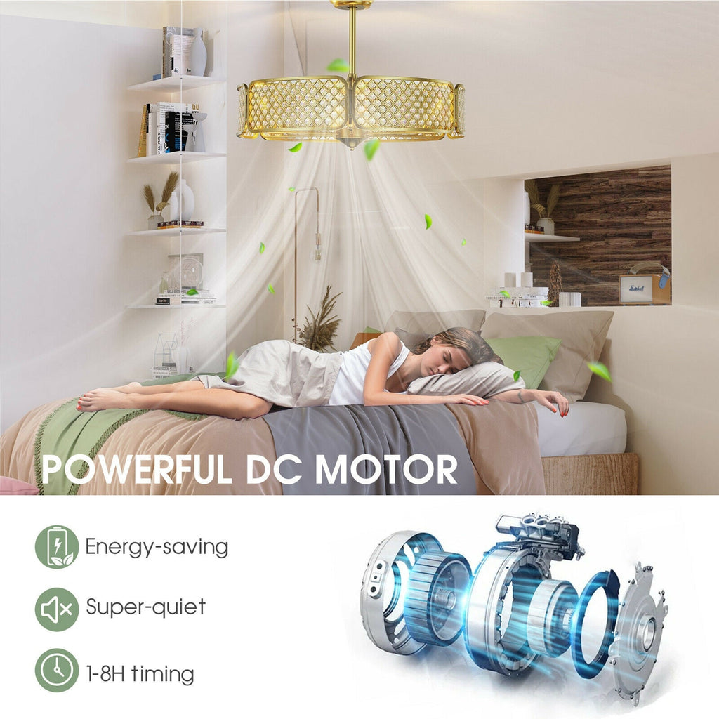 30 Inch Caged Ceiling Fan With Light Crystal Lampshade 6 Light Bases-Coffee