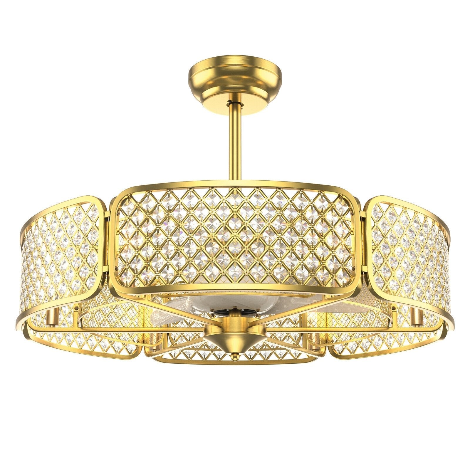 30 Inch Caged Ceiling Fan With Light Crystal Lampshade 6 Light Bases-Coffee
