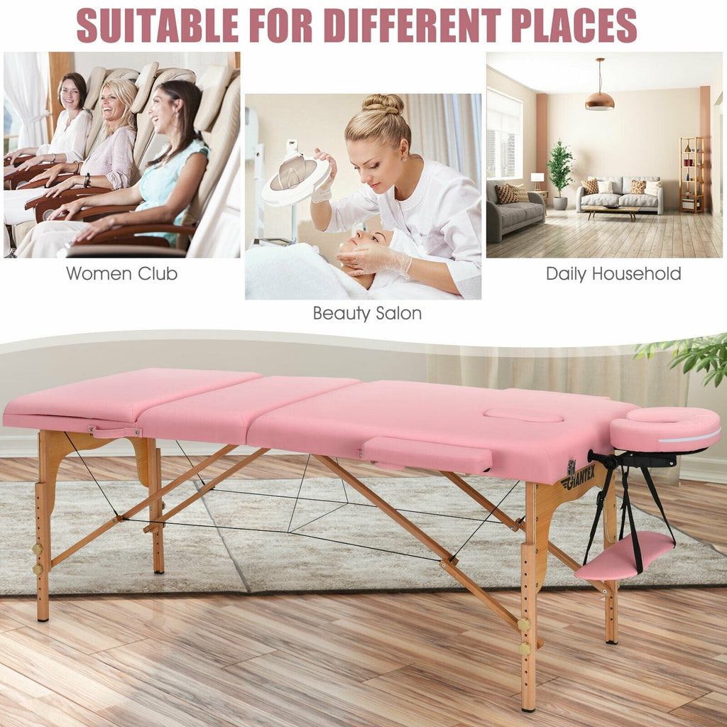 3 Fold Portable Adjustable Massage Table with Carry Case-Black