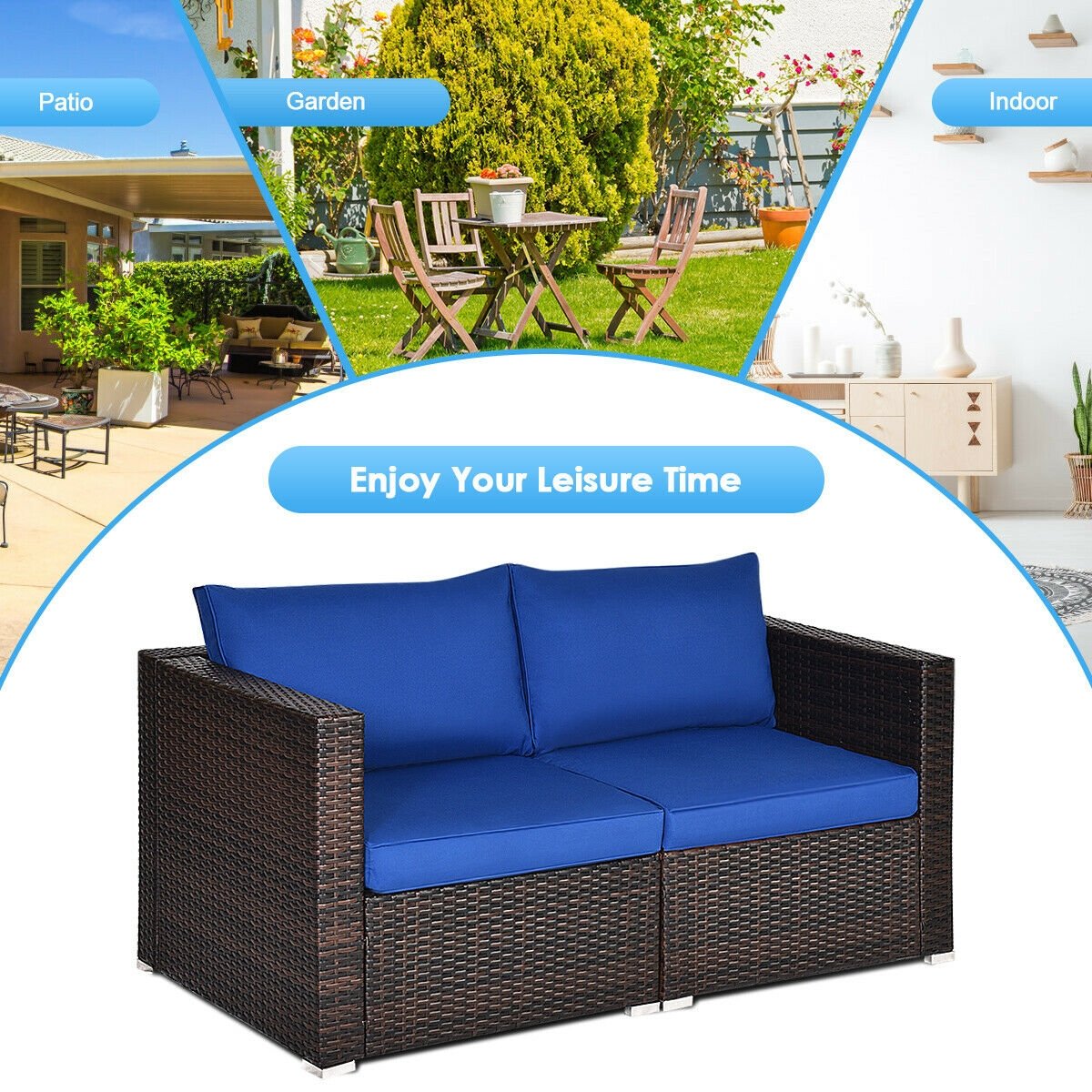 2 Pieces Patio Rattan Sectional Conversation Sofa Set-Beige
