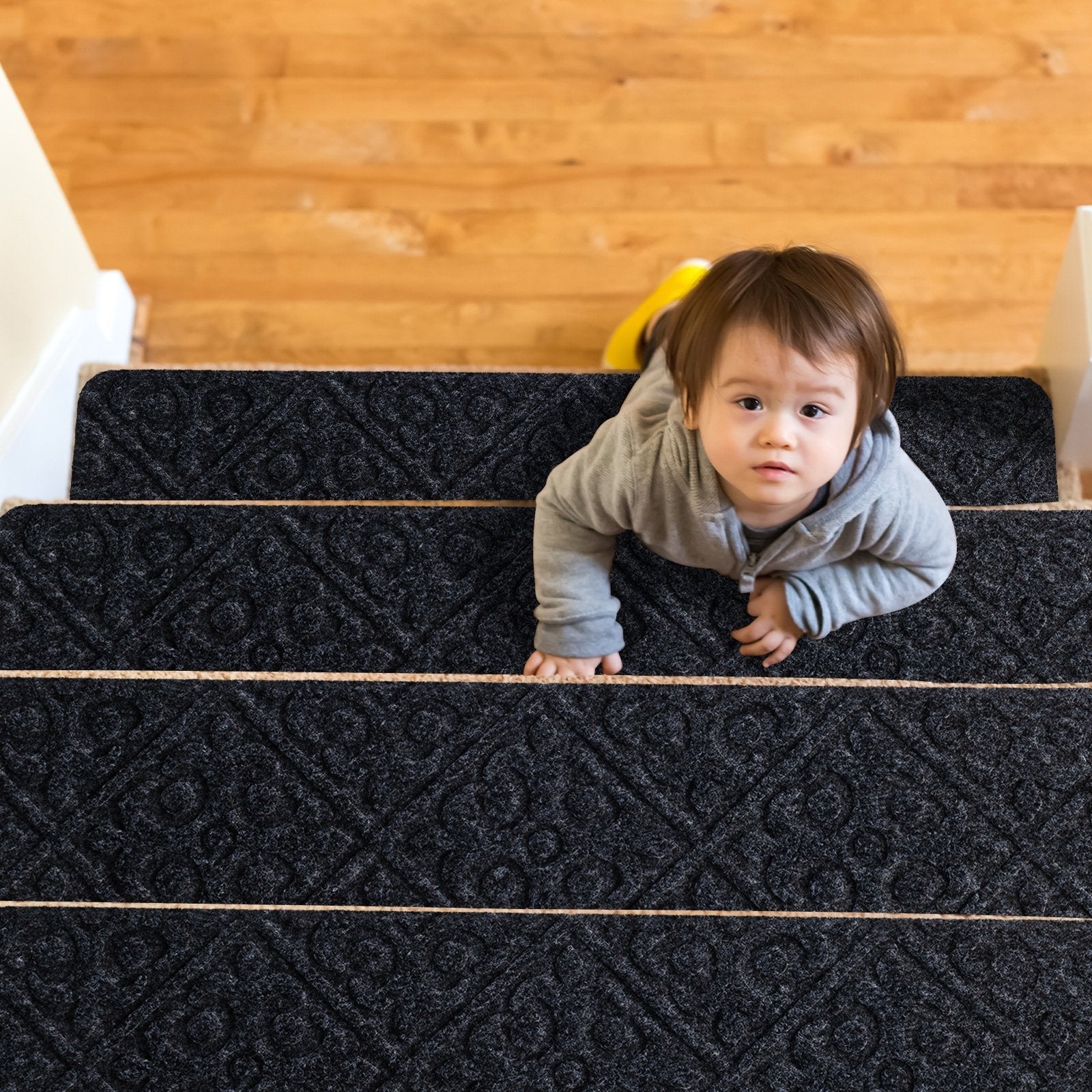 15Pcs Indoor Non-Slip Stair Carpet Mats for Wooden Steps-Brown