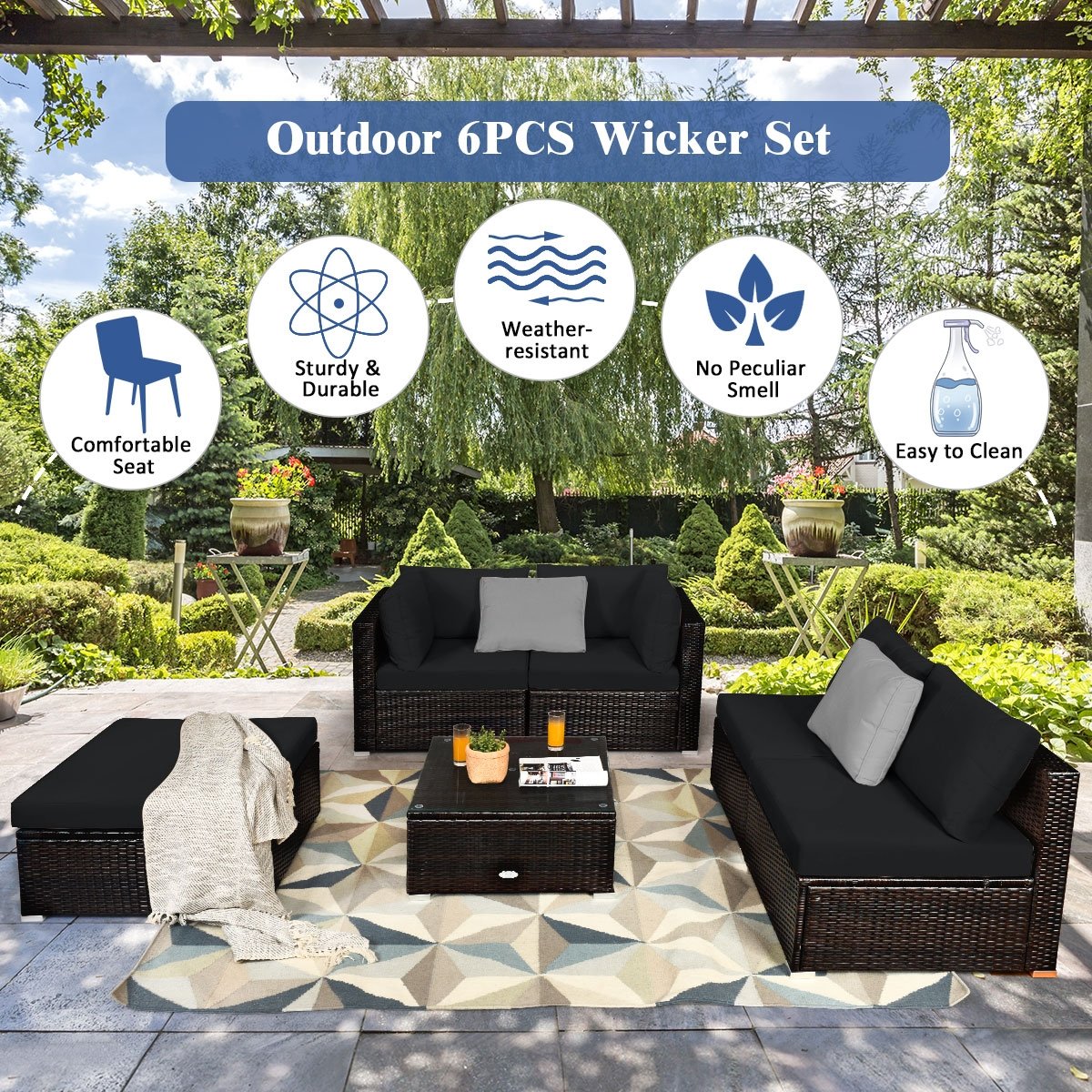 6 Pieces Outdoor Patio Rattan Furniture Set Sofa Ottoman-Coffee