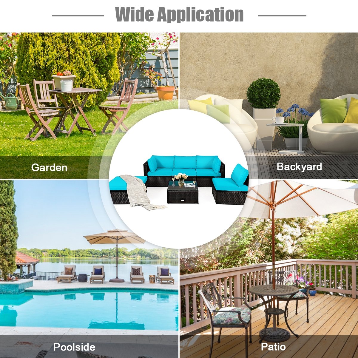 6 Pieces Outdoor Patio Rattan Furniture Set Sofa Ottoman-Coffee