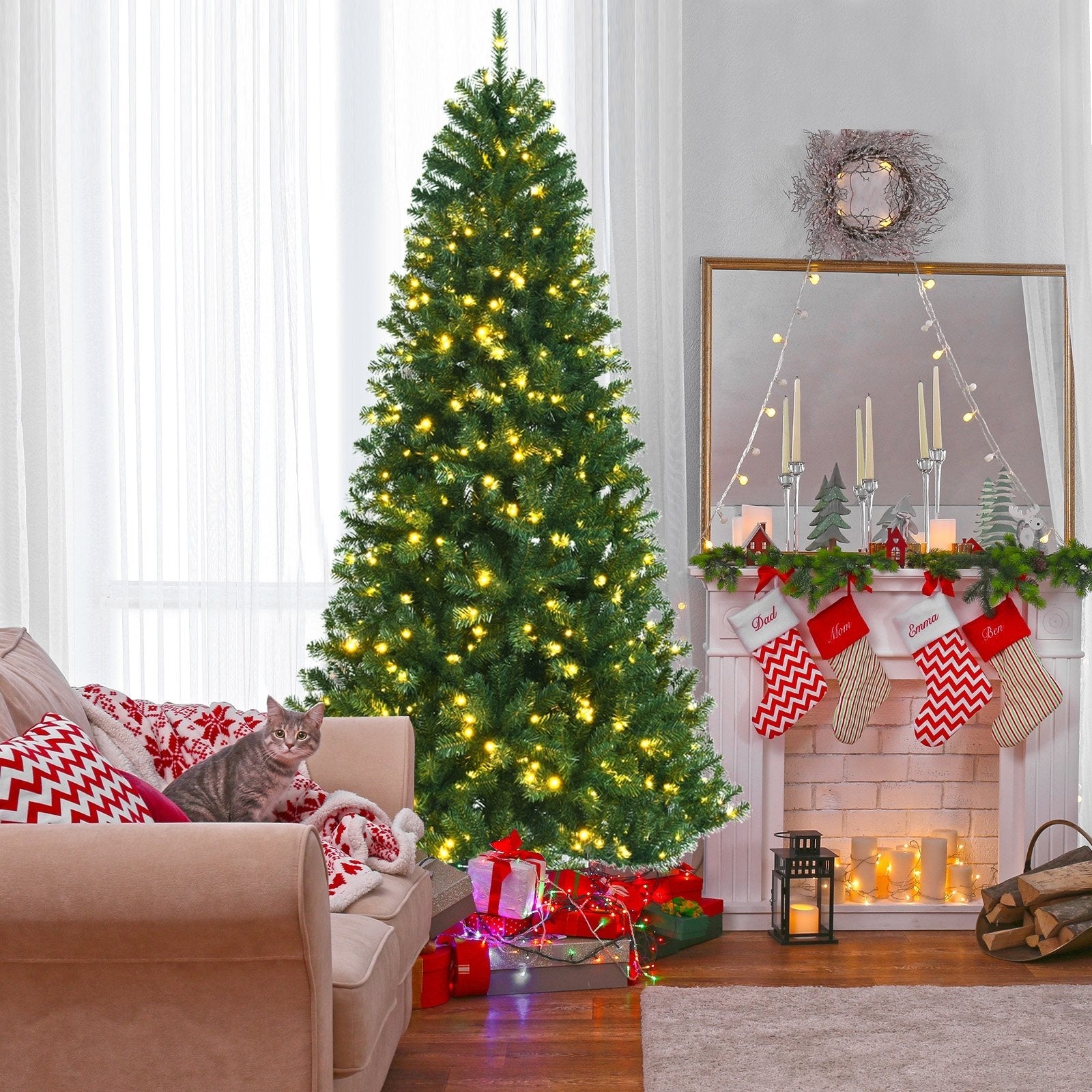 Artificial Hinged Christmas Tree with Remote-controlled Color-changing LED Lights-7'