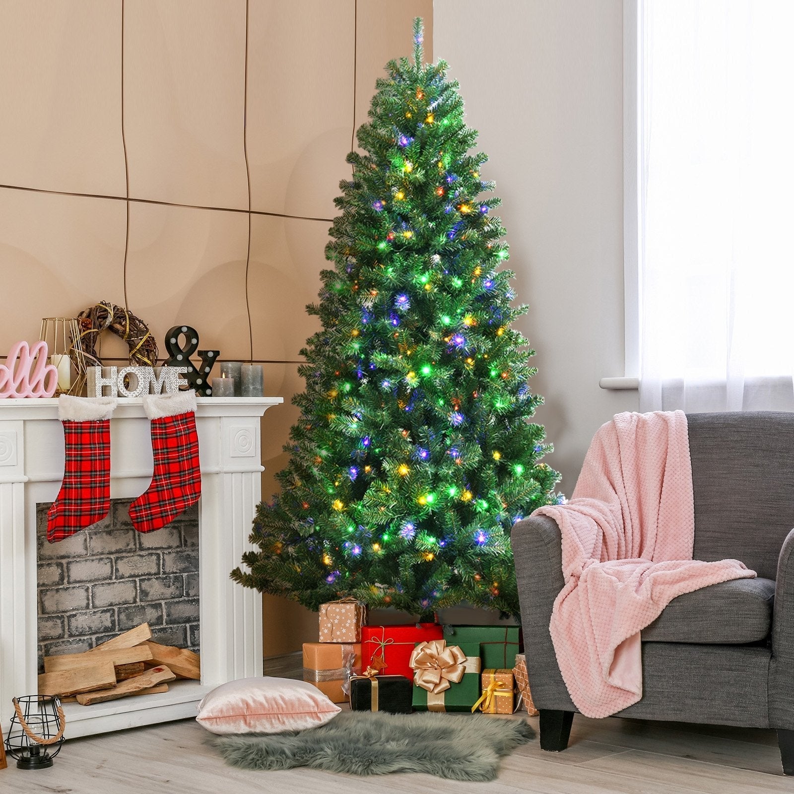 Artificial Hinged Christmas Tree with Remote-controlled Color-changing LED Lights-7'