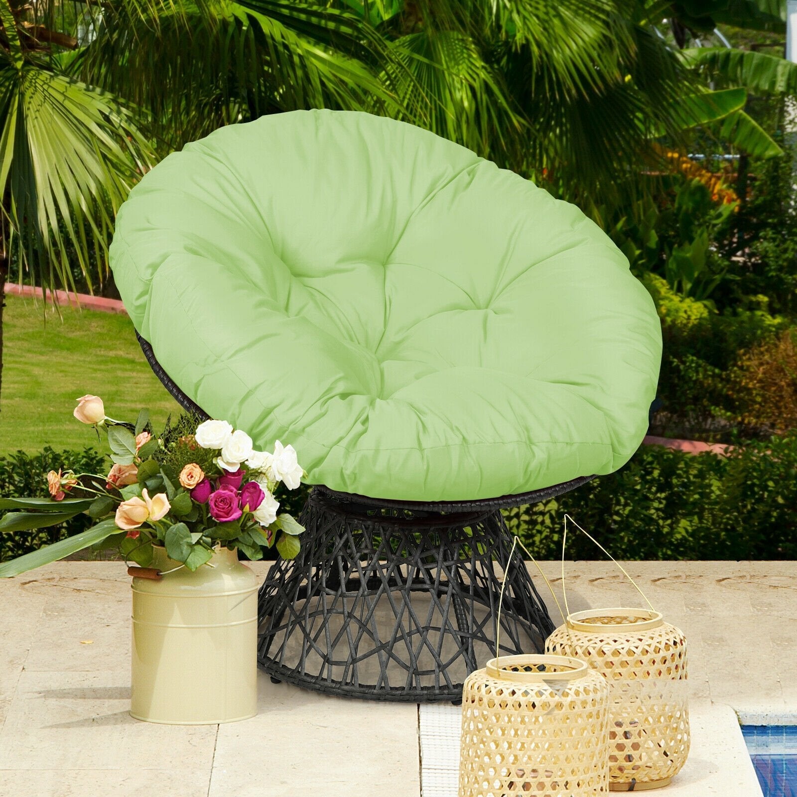 Rattan Papasan Chair Ergonomic 360-degree Swivel Soft Cushion Garden-Black