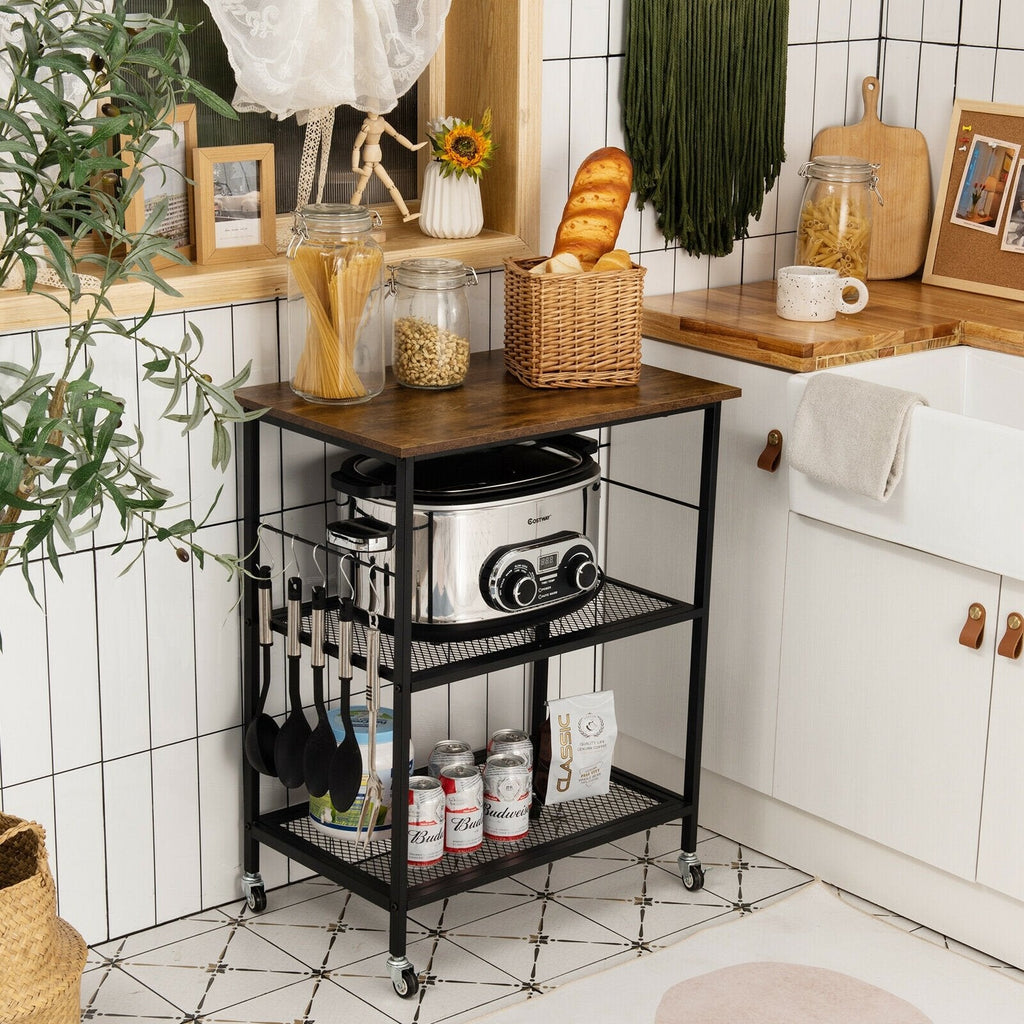 3-Tier Kitchen Serving Cart Utility Standing Microwave Rack with Hooks-Black