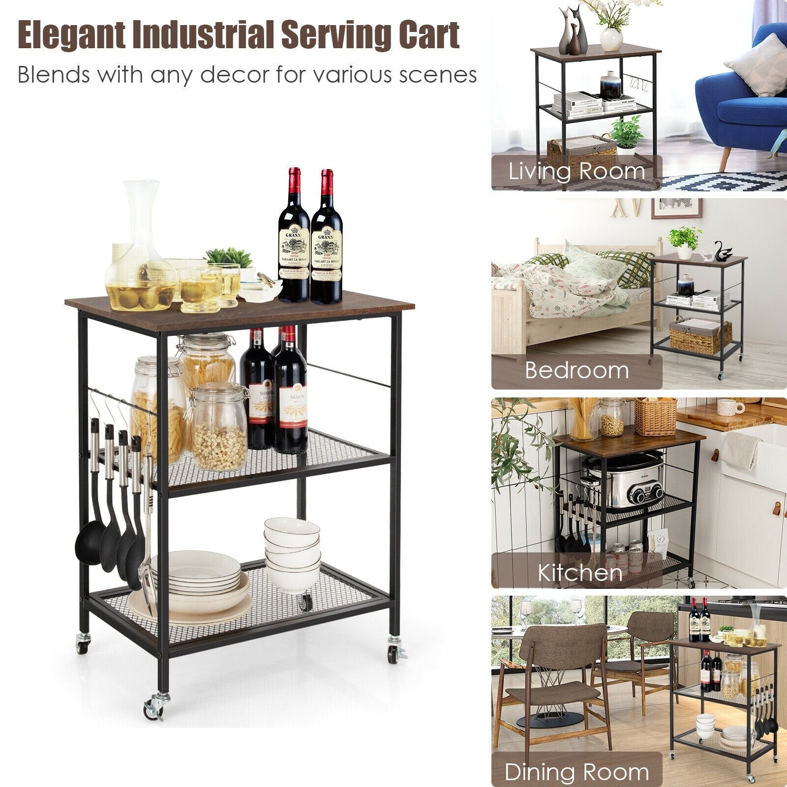 3-Tier Kitchen Serving Cart Utility Standing Microwave Rack with Hooks-Black