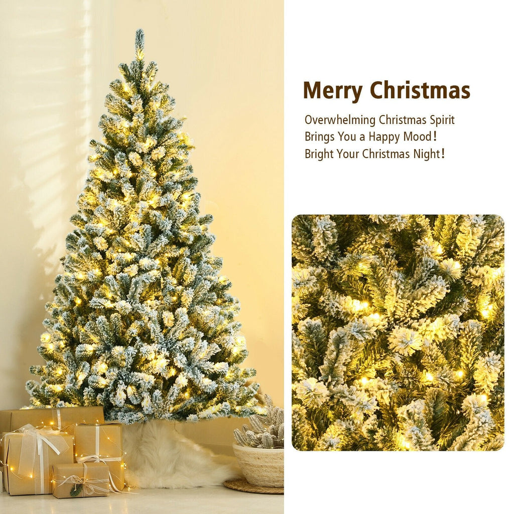 6 Feet Pre-lit Snow Flocked Hinged Christmas Tree with 928 Tips and Metal Stand-6 ft