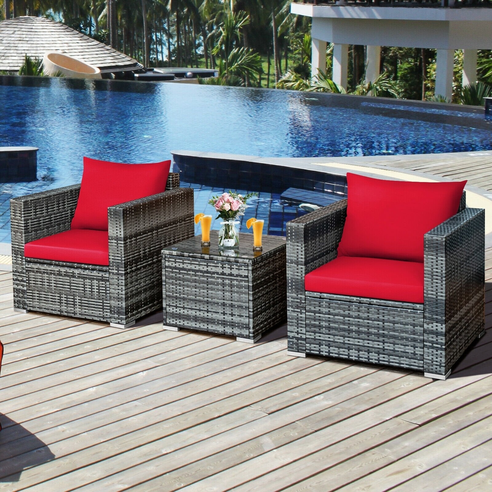 3 Pieces Patio Rattan Furniture Bistro Sofa Set with Cushioned-Gray