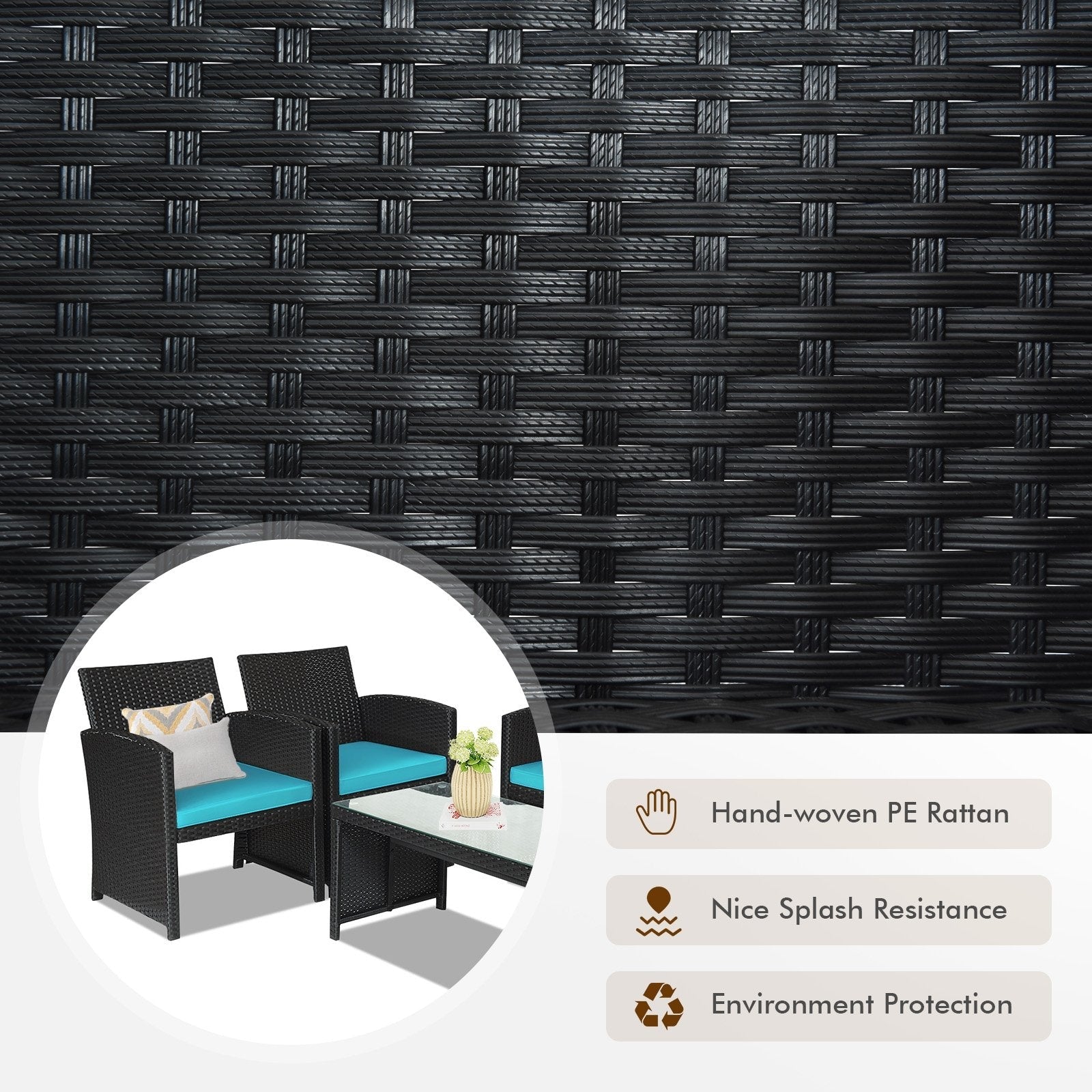 4 Pieces Rattan Patio Furniture Set with Weather Resistant Cushions and Tempered Glass Tabletop-Navy