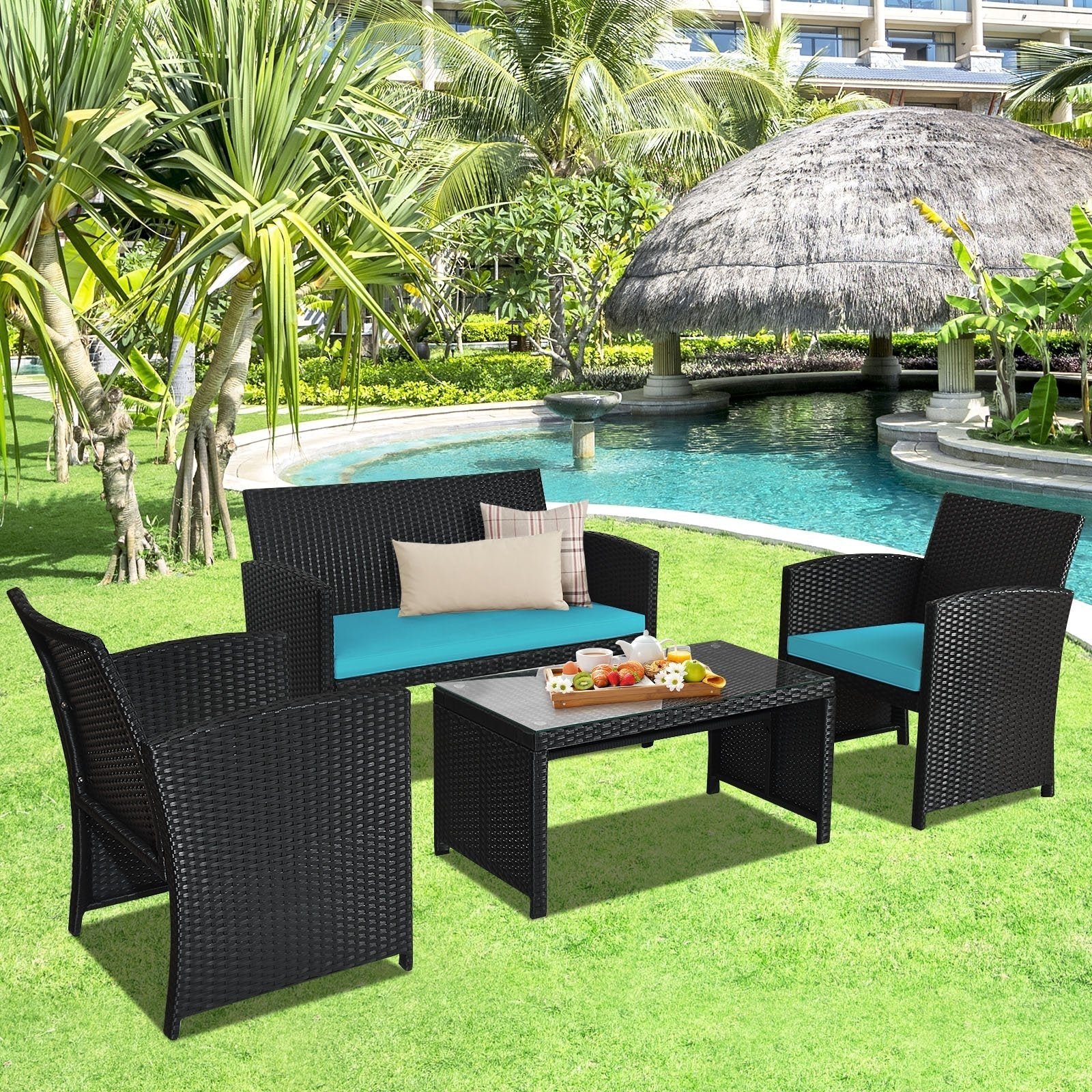 4 Pieces Rattan Patio Furniture Set with Weather Resistant Cushions and Tempered Glass Tabletop-Navy