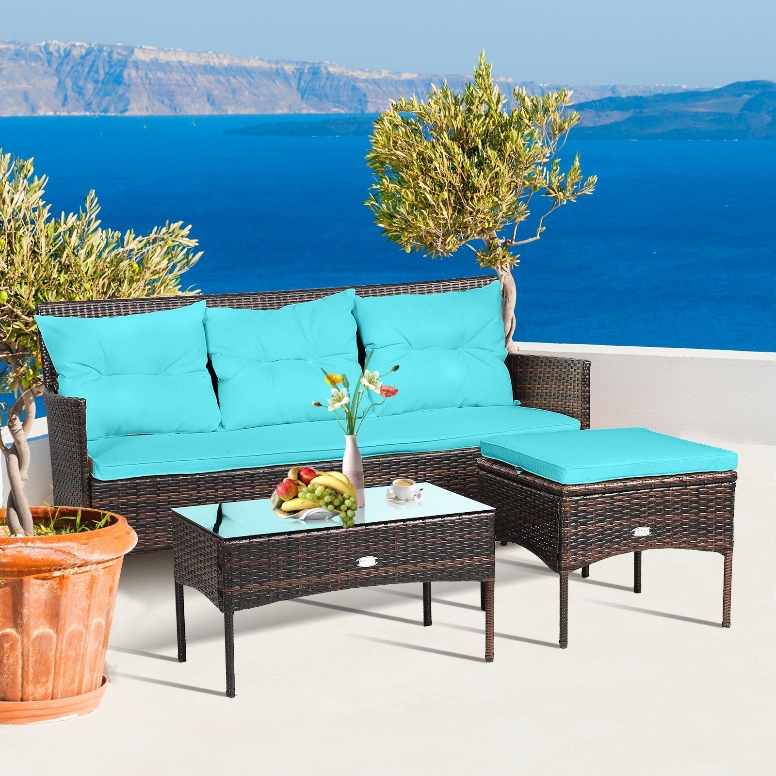 3 Pieces Patio Furniture Sectional Set with 5 Cozy Cushions-Black