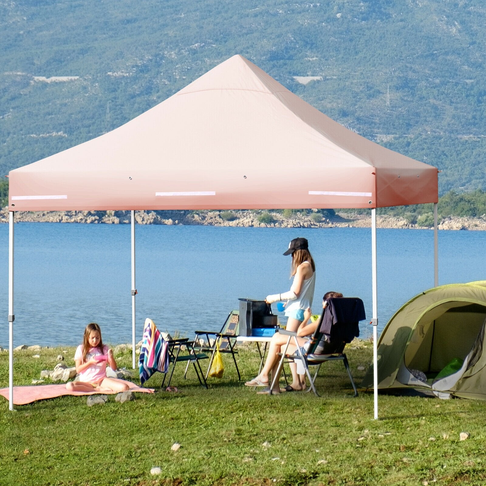 10 x 10 Feet Pop-up Gazebo with 5 Removable Zippered Sidewalls and Extended Awning-Blue
