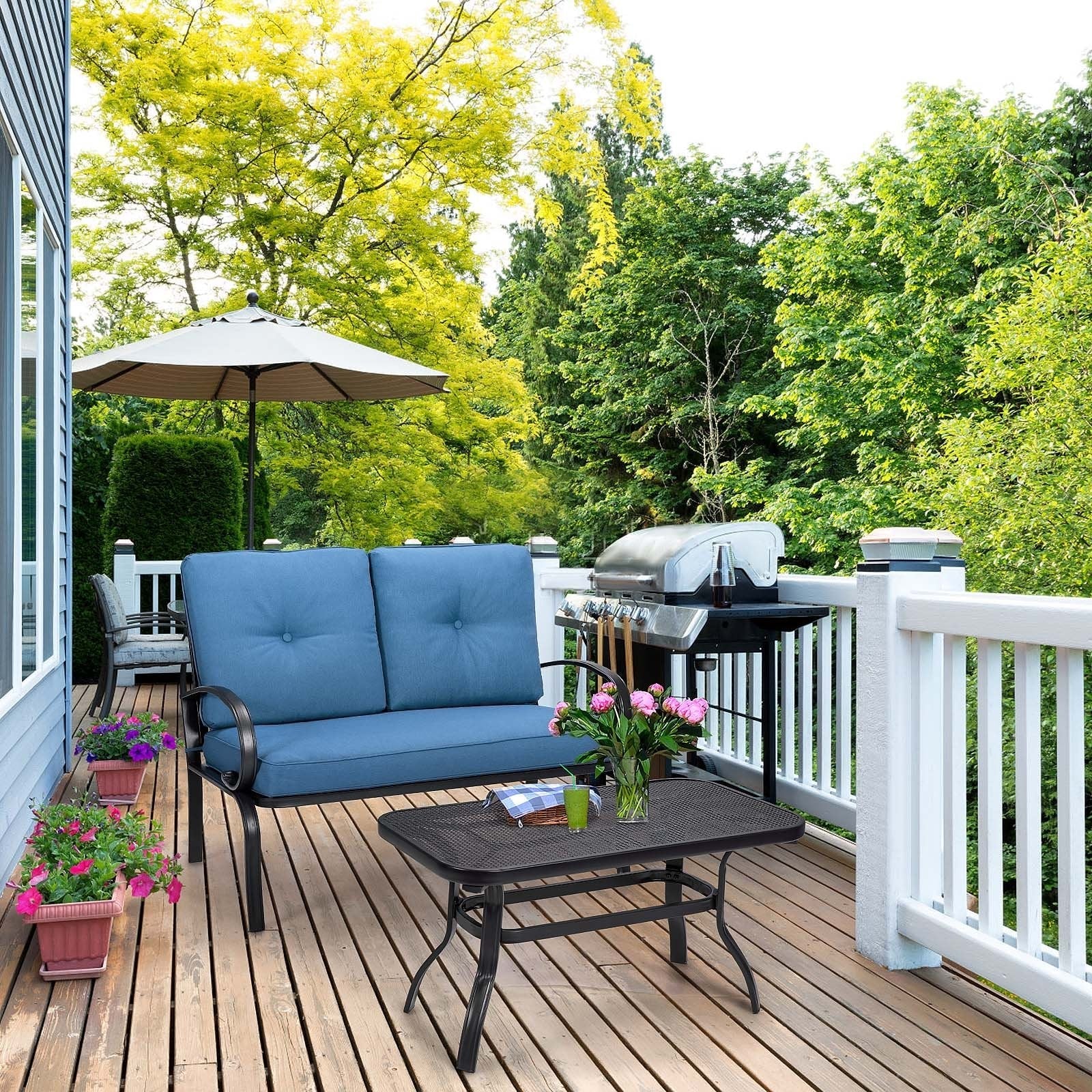 2 Pieces Patio Outdoor Cushioned Coffee Table Seat-Beige