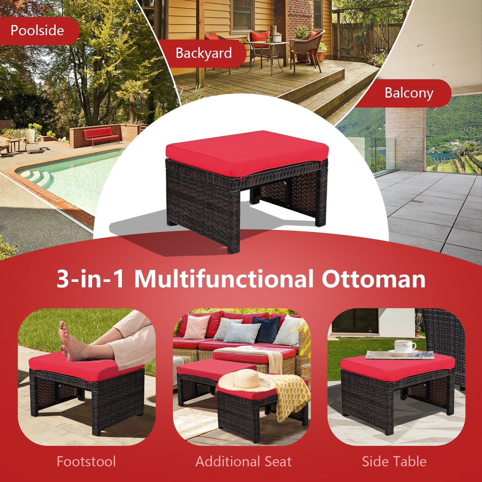 2 Pieces Patio Rattan Ottomans with Soft Cushion for Patio and Garden-Gray