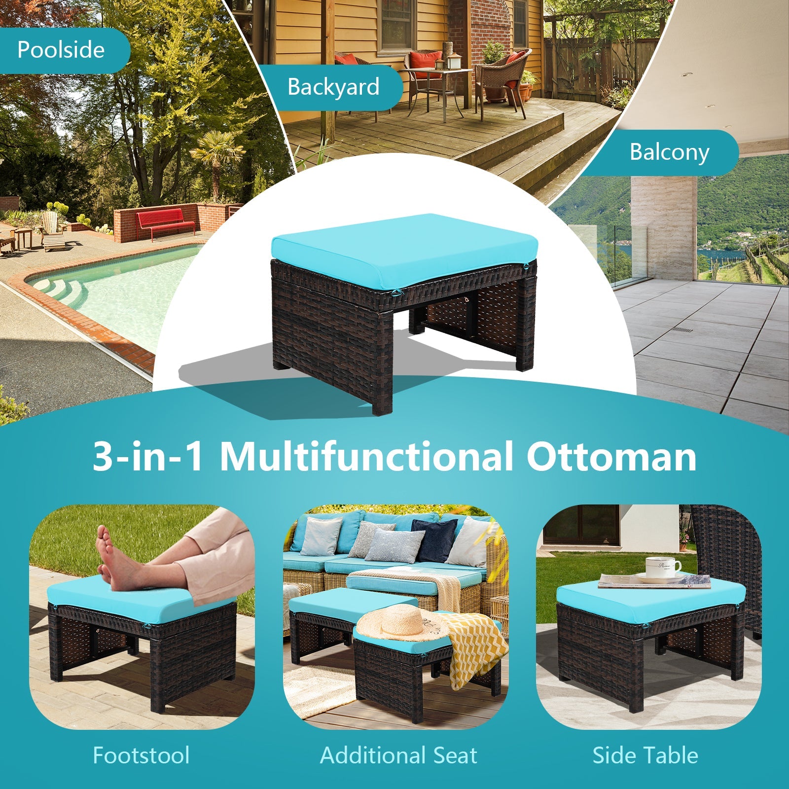 2 Pieces Patio Rattan Ottomans with Soft Cushion for Patio and Garden-Gray