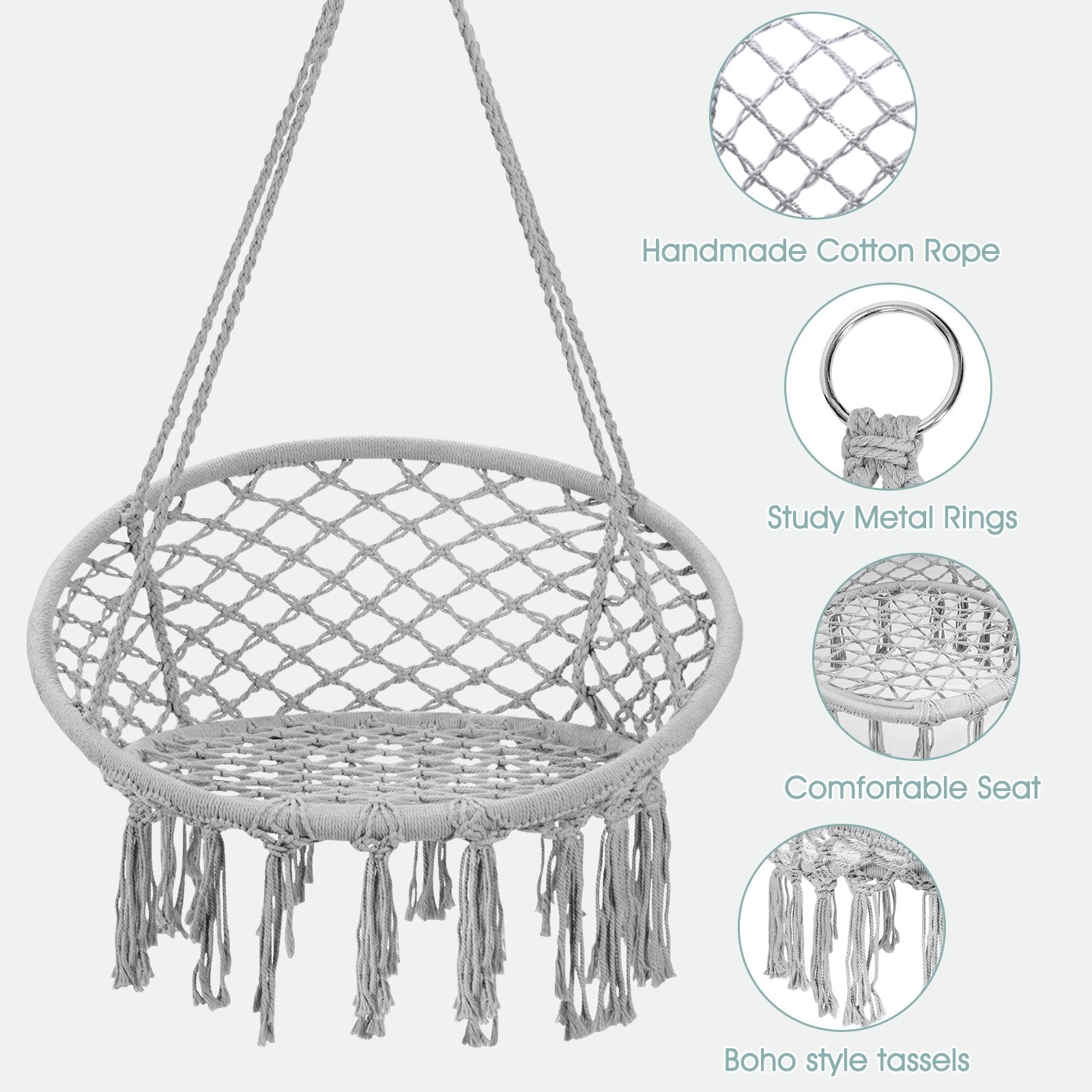 Hanging Macrame Hammock Chair with Handwoven Cotton Backrest-Black