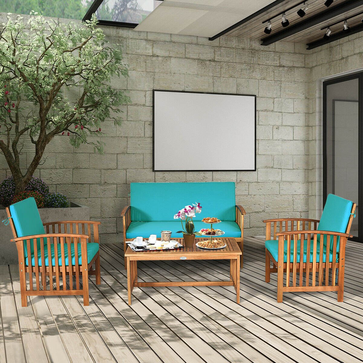 4PCS Patio Solid Wood Furniture Set-Beige