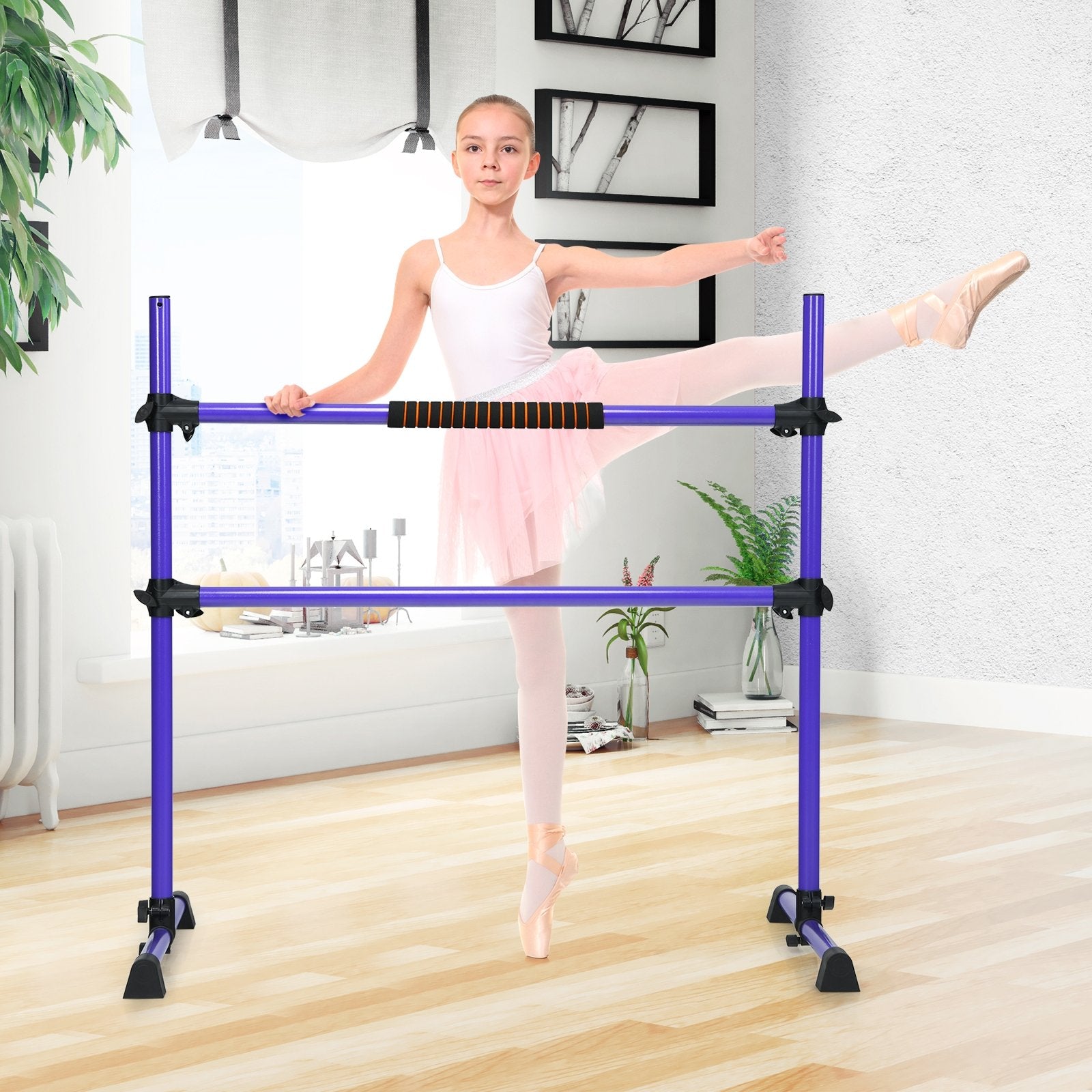 4 Feet Portable Freestanding Stable Construction Pilates Ballet Barre with Double Dance Bar-Gray