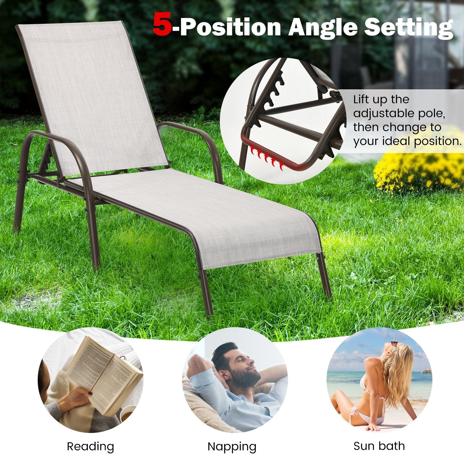 Adjustable Patio Chaise Folding Lounge Chair with Backrest-Black