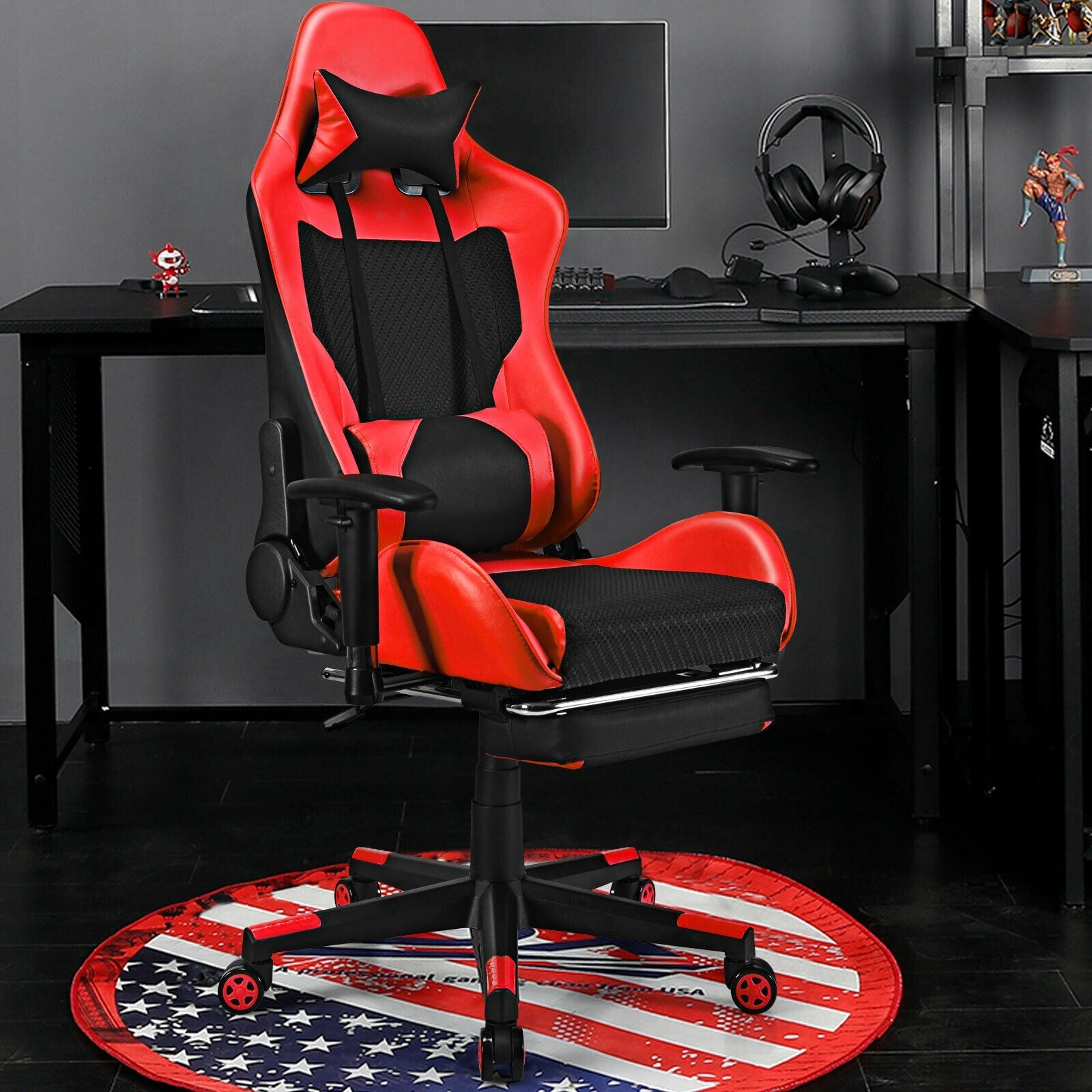 PU Leather Gaming Chair with USB Massage Lumbar Pillow and Footrest-Blue