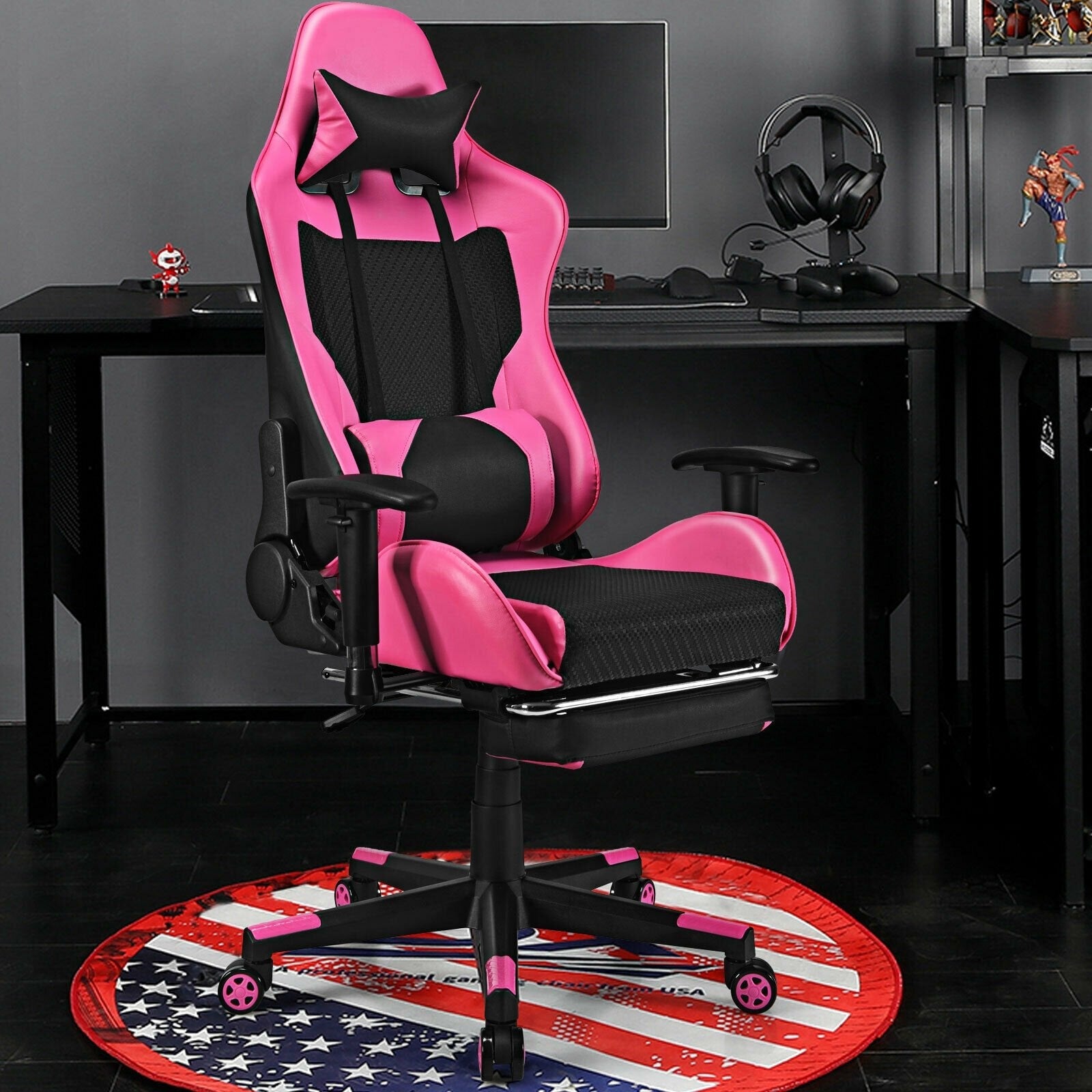 PU Leather Gaming Chair with USB Massage Lumbar Pillow and Footrest-Blue
