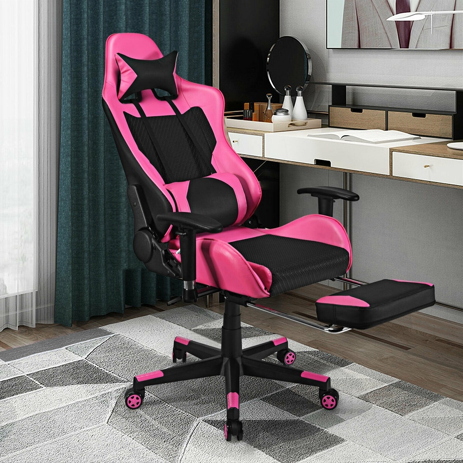 PU Leather Gaming Chair with USB Massage Lumbar Pillow and Footrest-Blue