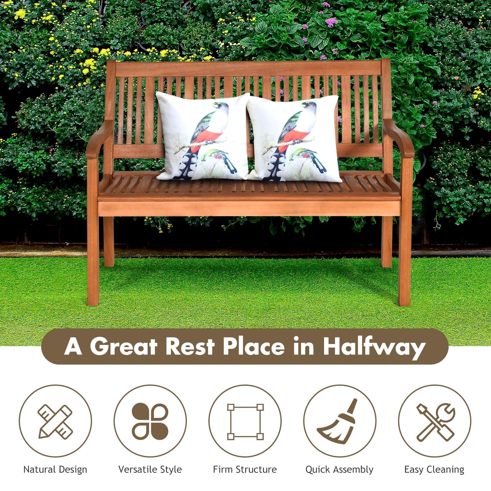 Two Person Solid Wood Garden Bench with Curved Backrest and Wide Armrest