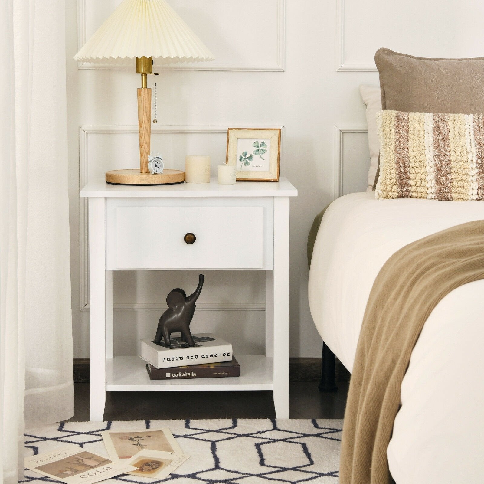 Nightstand with Drawer and Storage Shelf for Bedroom Living Room-Black
