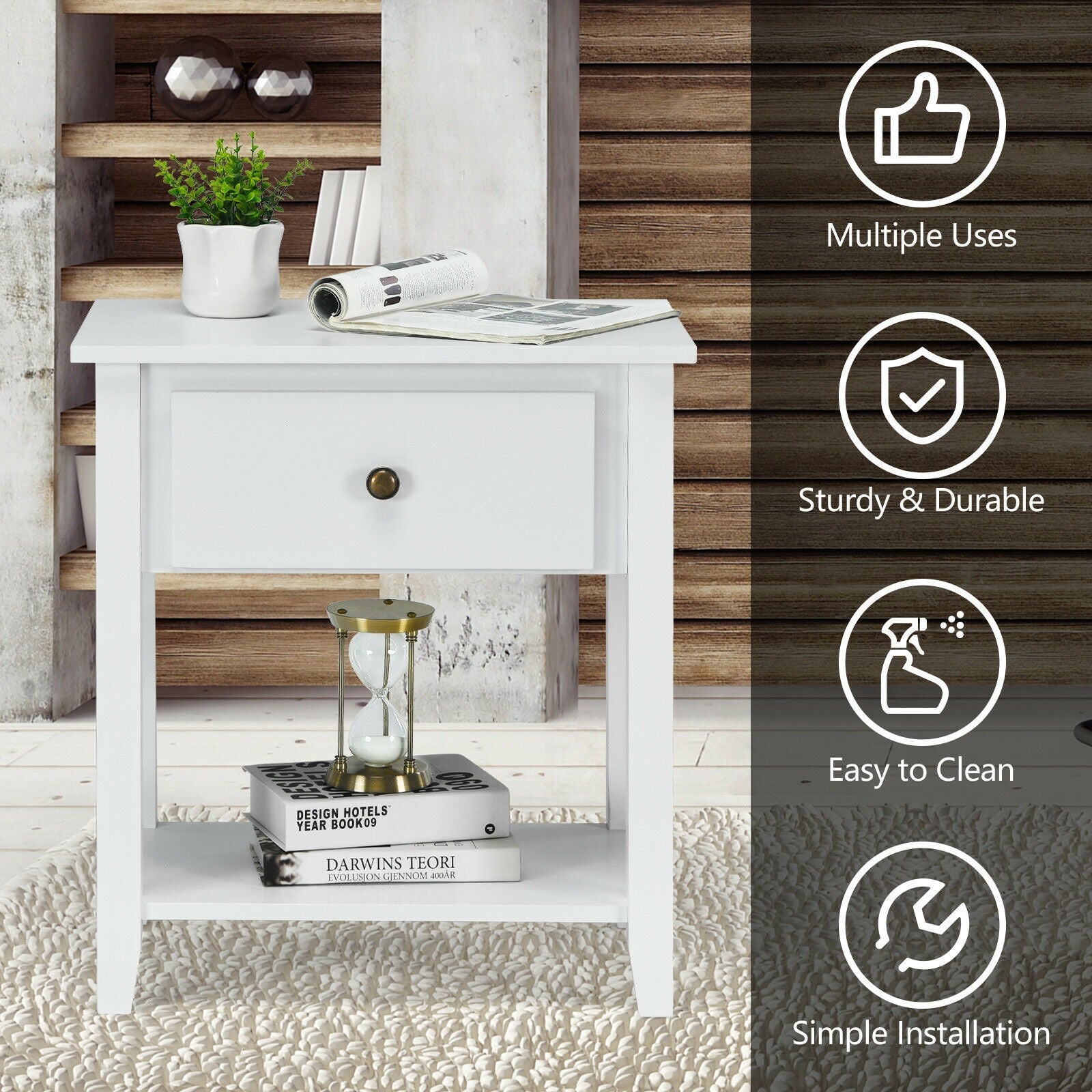 Nightstand with Drawer and Storage Shelf for Bedroom Living Room-Black