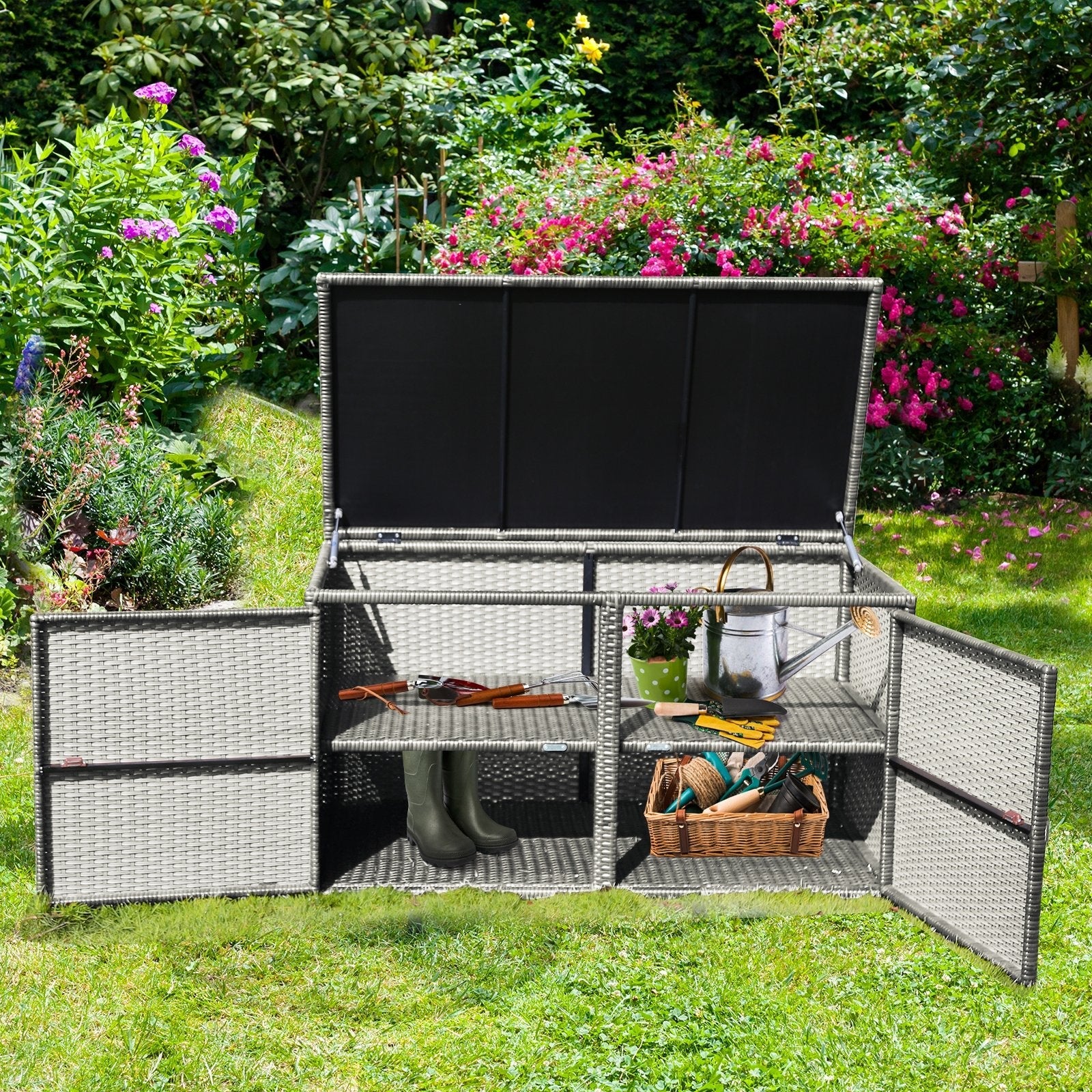 88 Gallon Garden Patio Rattan Storage Container Box-Black