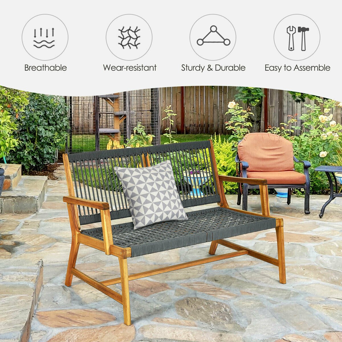 2-Person Acacia Wood Yard Bench for Balcony and Patio-Black