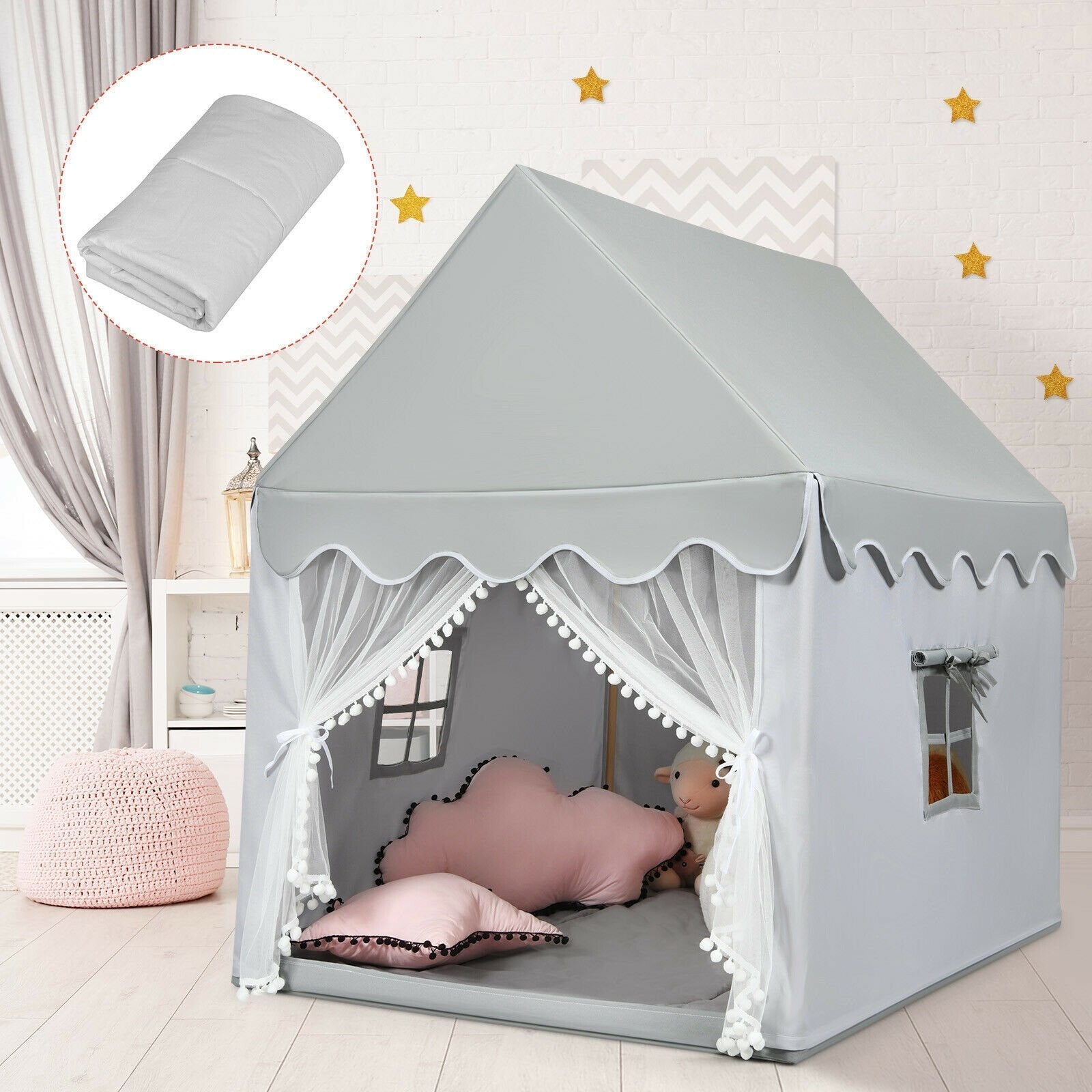 Kids Large Play Castle Fairy Tent with Mat-Beige