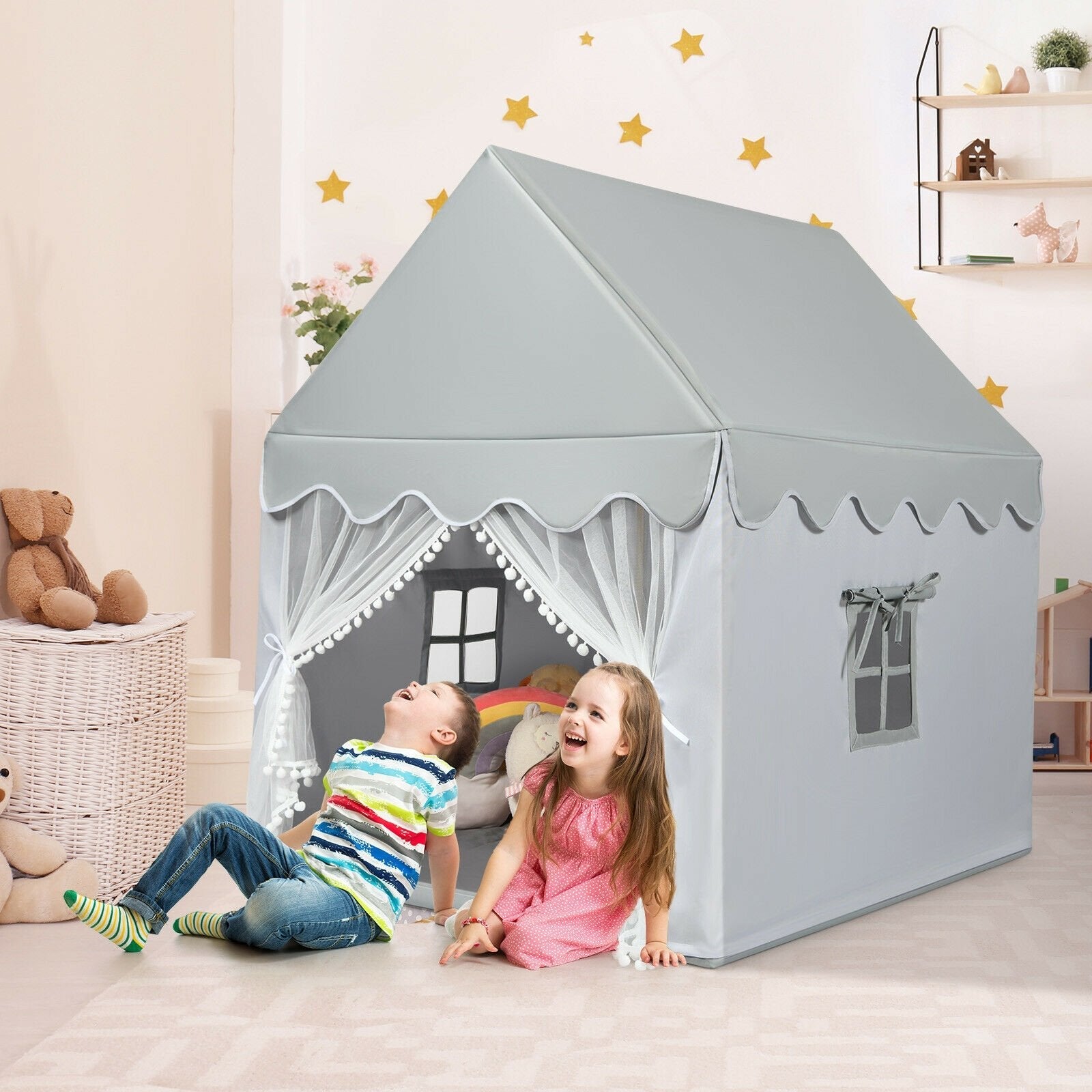 Kids Large Play Castle Fairy Tent with Mat-Beige