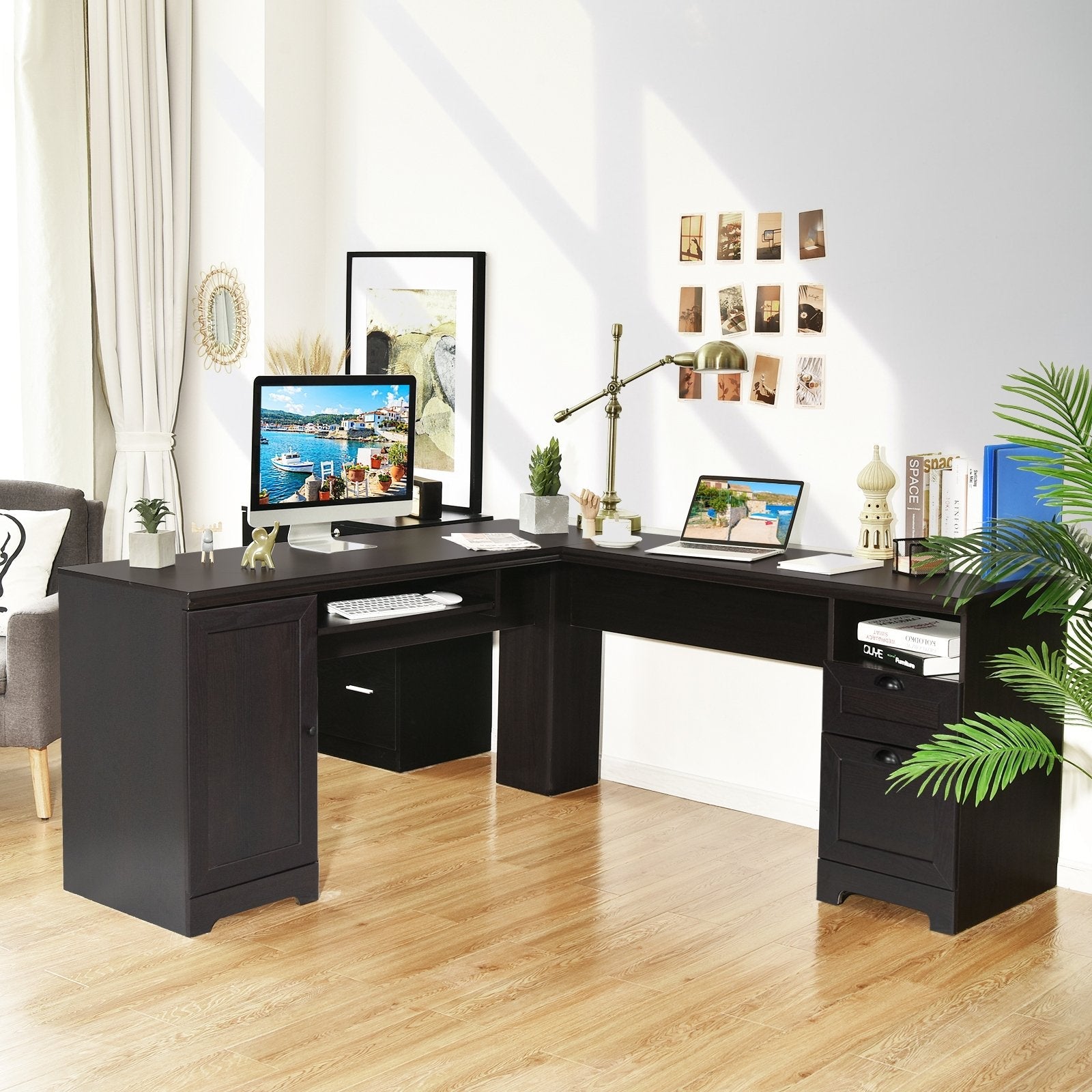 66 Inch L-Shaped Writing Study Workstation Computer Desk with Drawers-Black