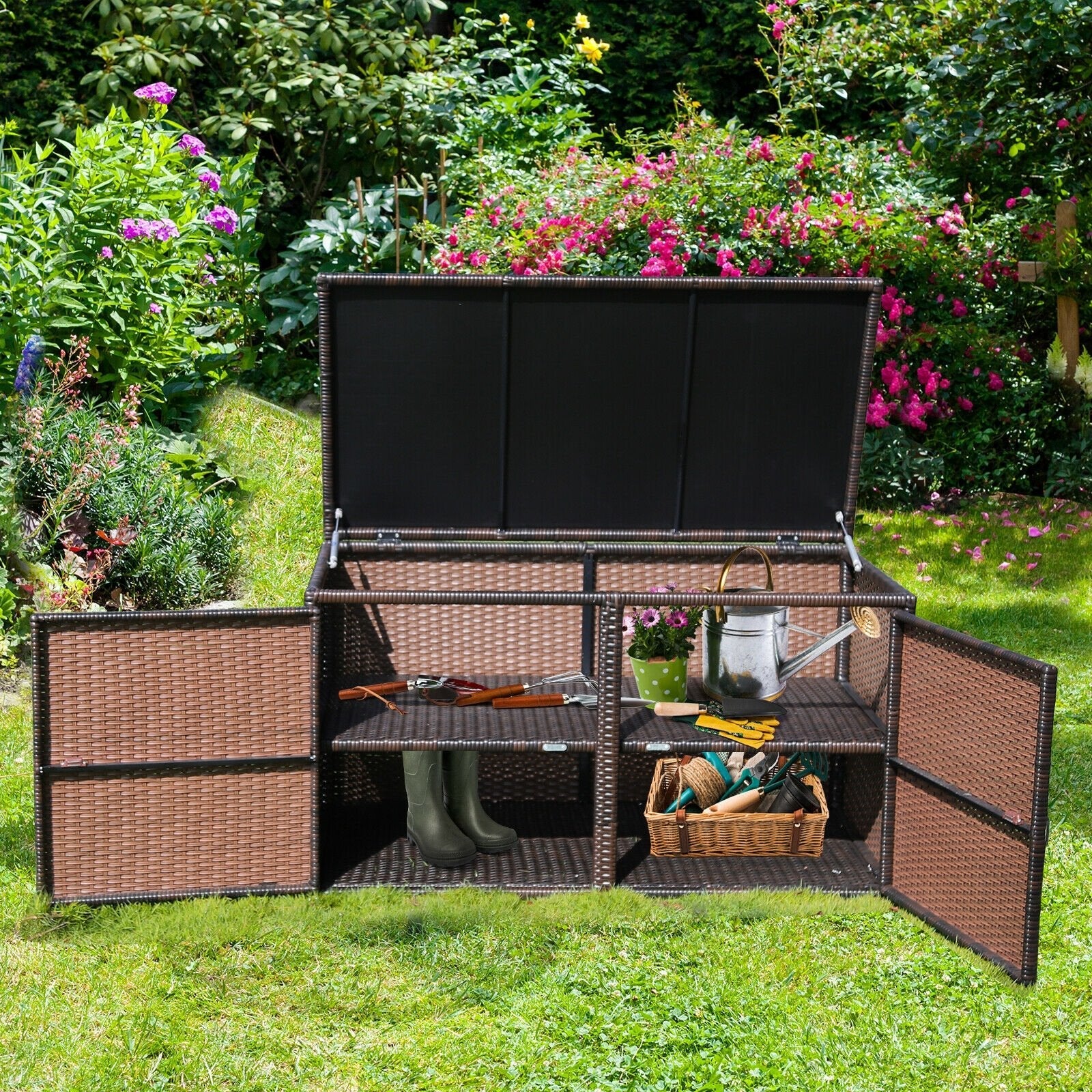 88 Gallon Garden Patio Rattan Storage Container Box-Black
