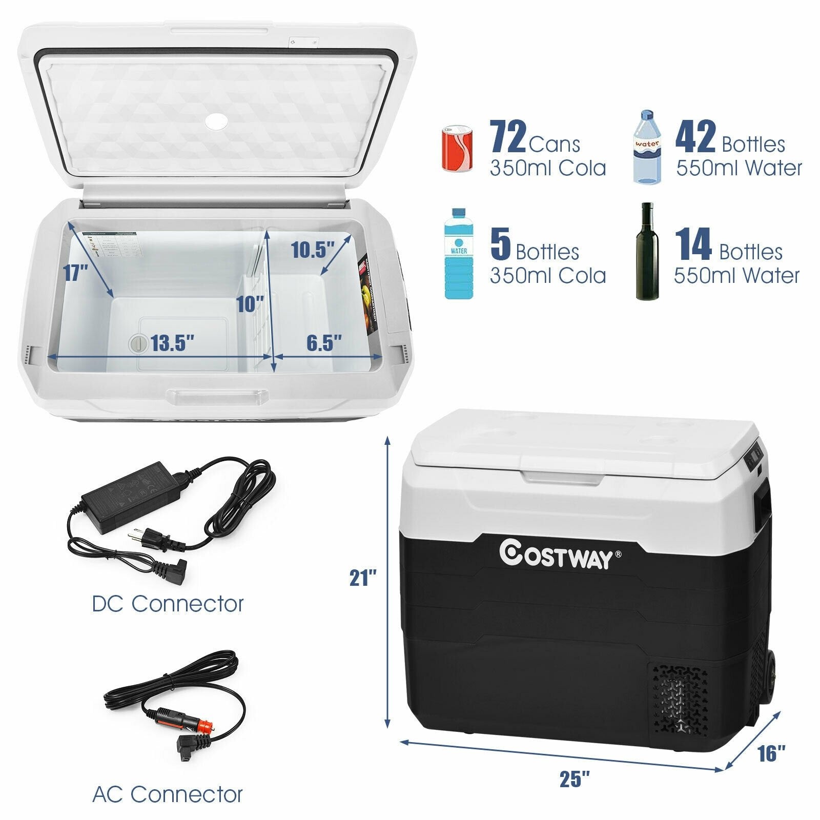 53 QT Portable Dual-Zone Car Refrigerator-White