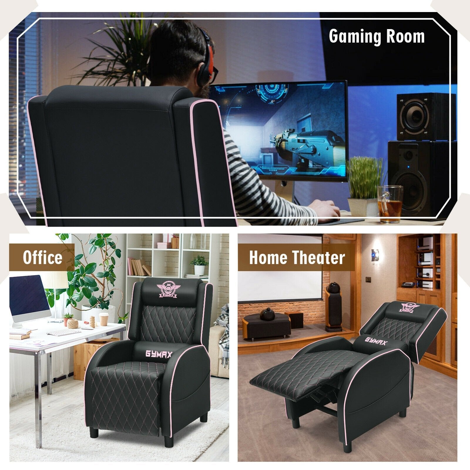 Massage Gaming Recliner Chair with Headrest and Adjustable Backrest for Home Theater-Blue
