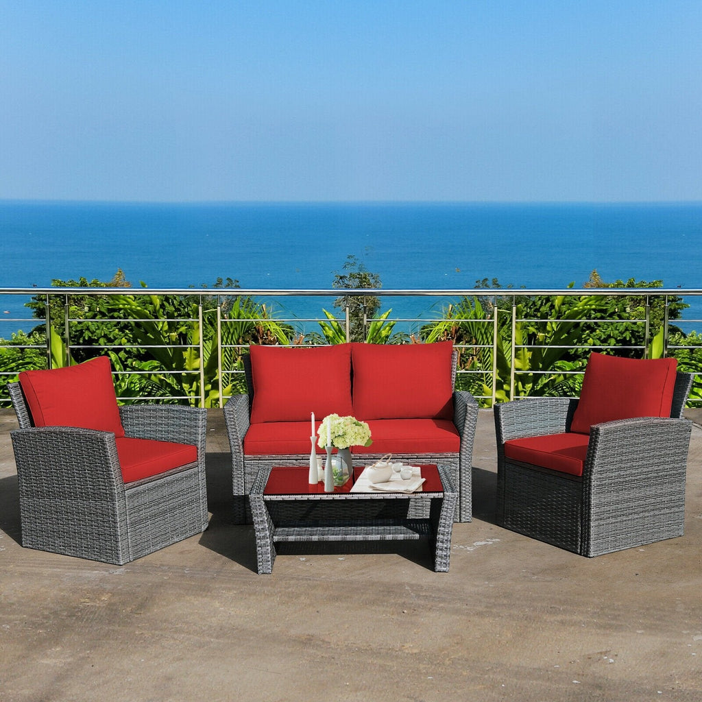 4 Pieces Patio Rattan Furniture Set Sofa Table with Storage Shelf Cushion-Beige