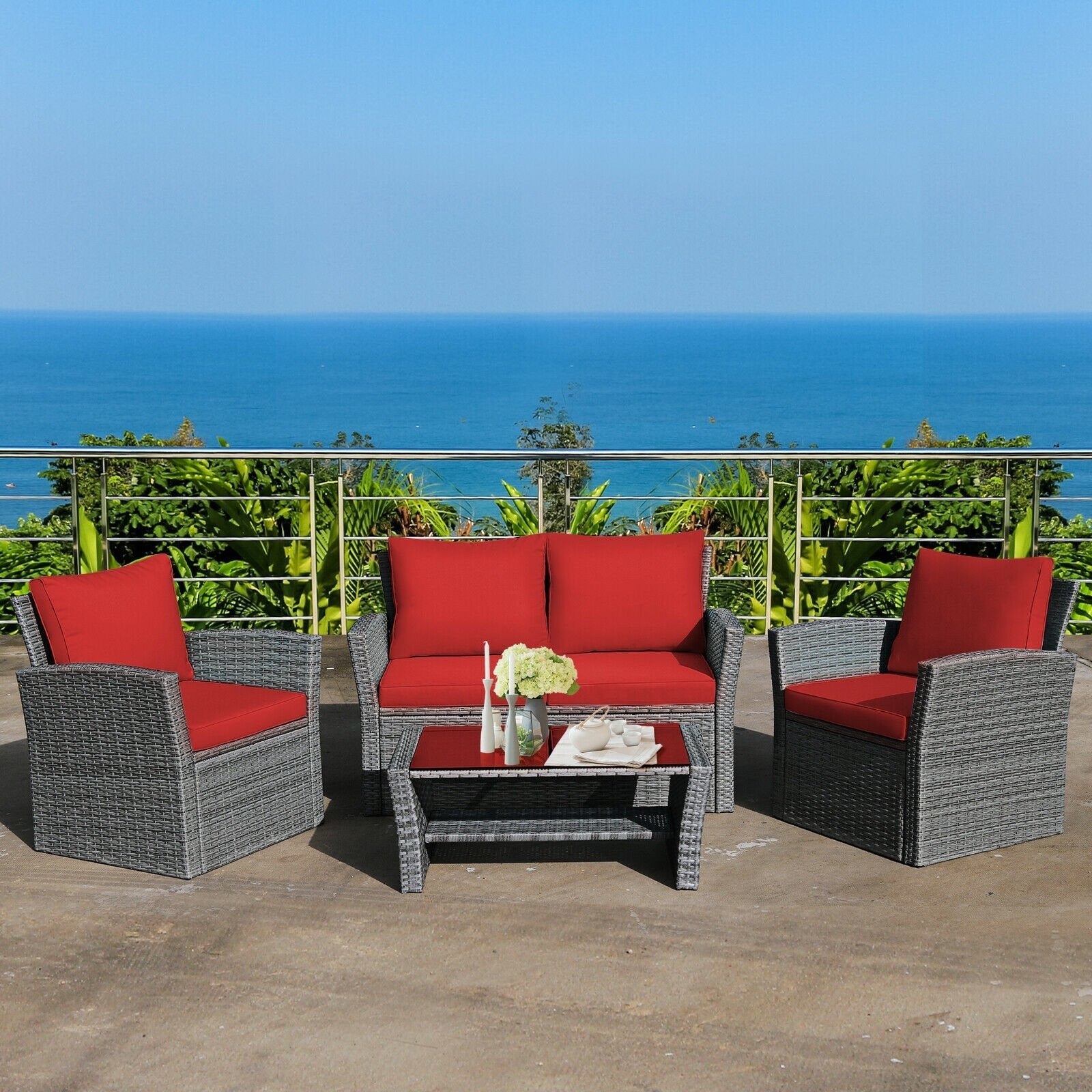 4 Pieces Patio Rattan Furniture Set Sofa Table with Storage Shelf Cushion-Beige