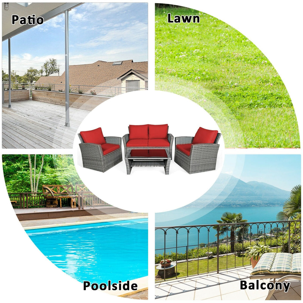 4 Pieces Patio Rattan Furniture Set Sofa Table with Storage Shelf Cushion-Beige