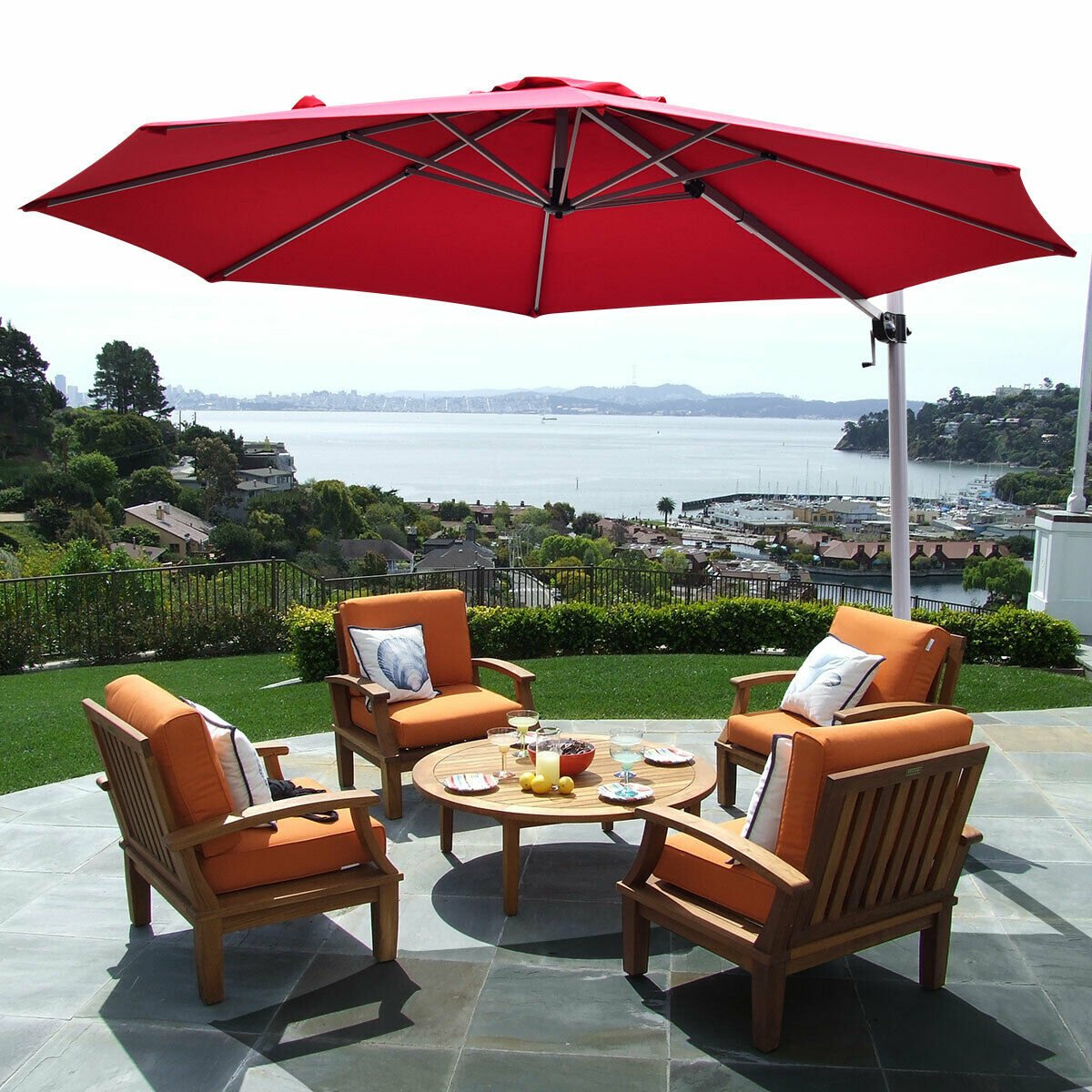 11 Feet Patio Offset Cantilever Umbrella 360° Rotation Aluminum Tilt-Beige