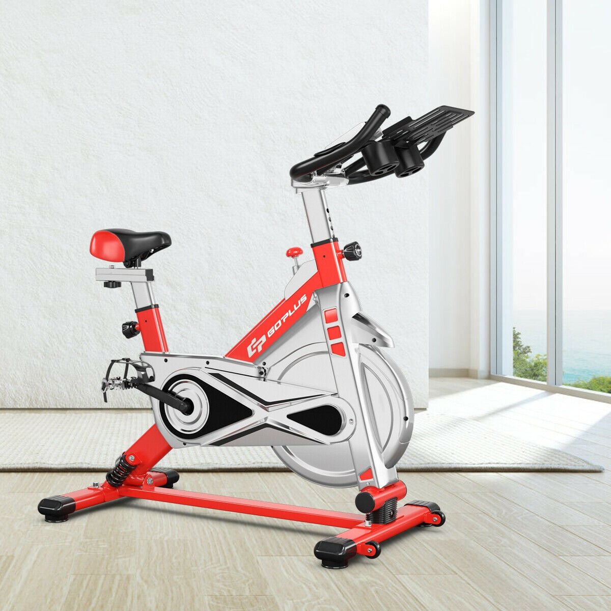 Stationary Silent Belt Adjustable Exercise Bike with Phone Holder and Electronic Display-Black